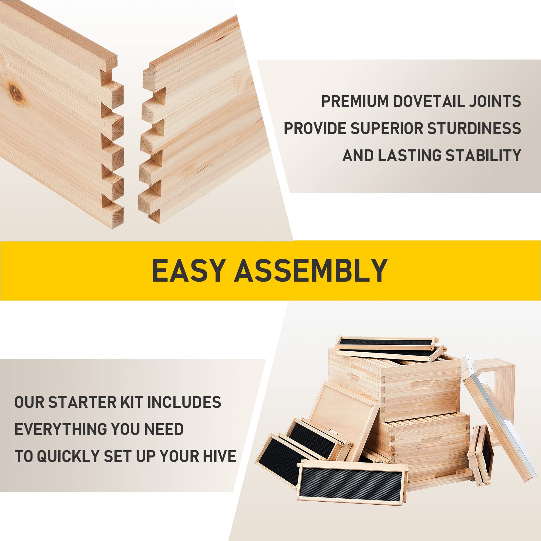CREWORKS Langstroth Beehive Starter Kit - 3 Layer Bee Hive Box with 10 Medium & 20 Deep Frames, Foundations, Plastic Queen Excluder & Nails - Complete Beekeeping Supplies for Beginners & Professionals | Perfect for Honey Production, Pollination & Backyard Beekeeping