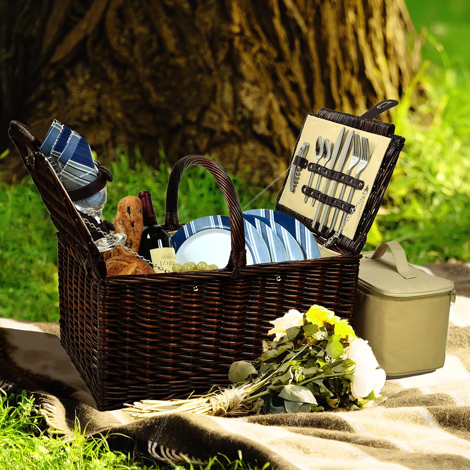 Picnic at Ascot Buckingham Willow Picnic Basket for 4 - Blue Stripe with Blanket & Coffee Set | Perfect for Outdoor Dining, Beach Picnics & Romantic Getaways