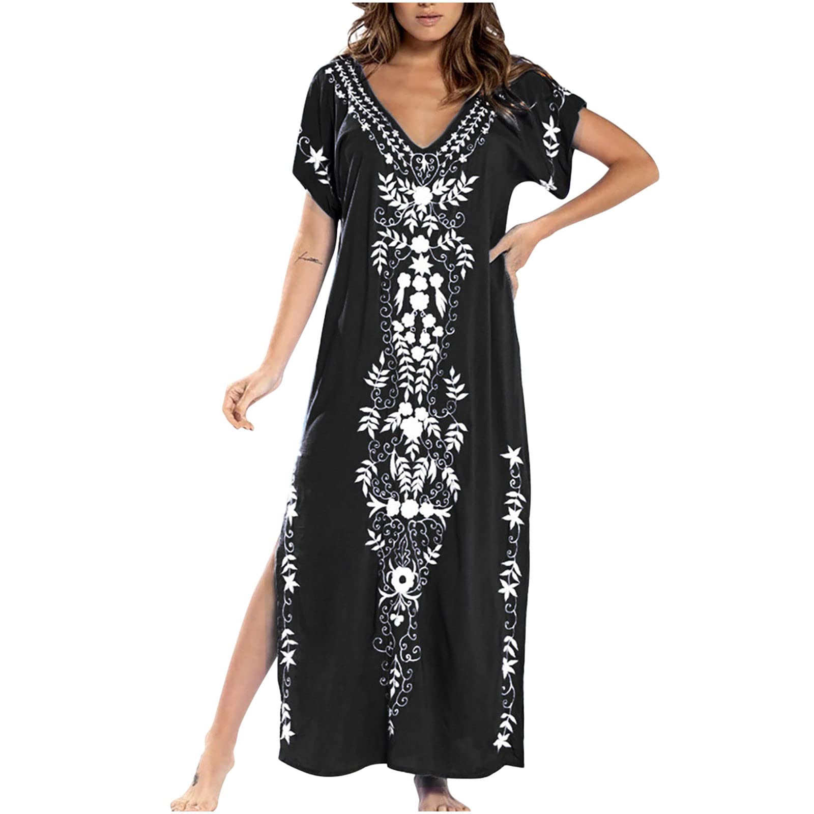 Women's Oversized V-Neck Short Sleeve Printed T-Shirt - Summer Casual Split Hem Top - Soft Cotton Activewear for Women - Perfect for Yoga, Running & Everyday Wear