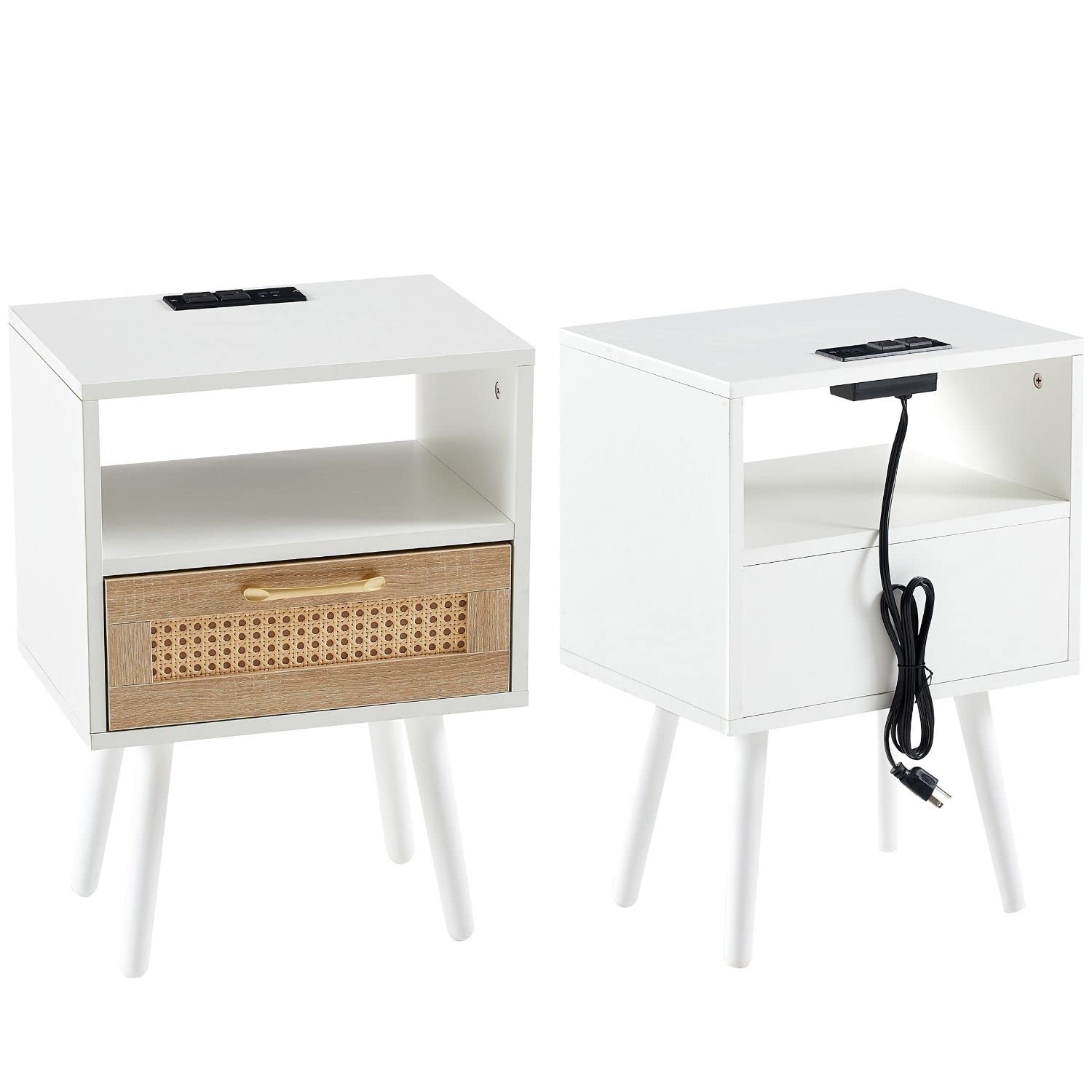2-Piece Nightstand Set with USB Charging Ports & Outlets - White Wooden End Tables with Rattan Drawers for Bedroom & Living Room - Perfect for Charging Devices & Stylish Home Decor
