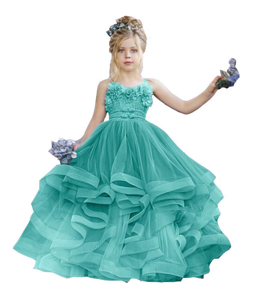Honeydress Girls Spaghetti Strap Lace Floral Applique Tiered A-Line Pageant Dress - Sky Blue Kids Birthday Party Gown for Special Occasions & Photo Shoots