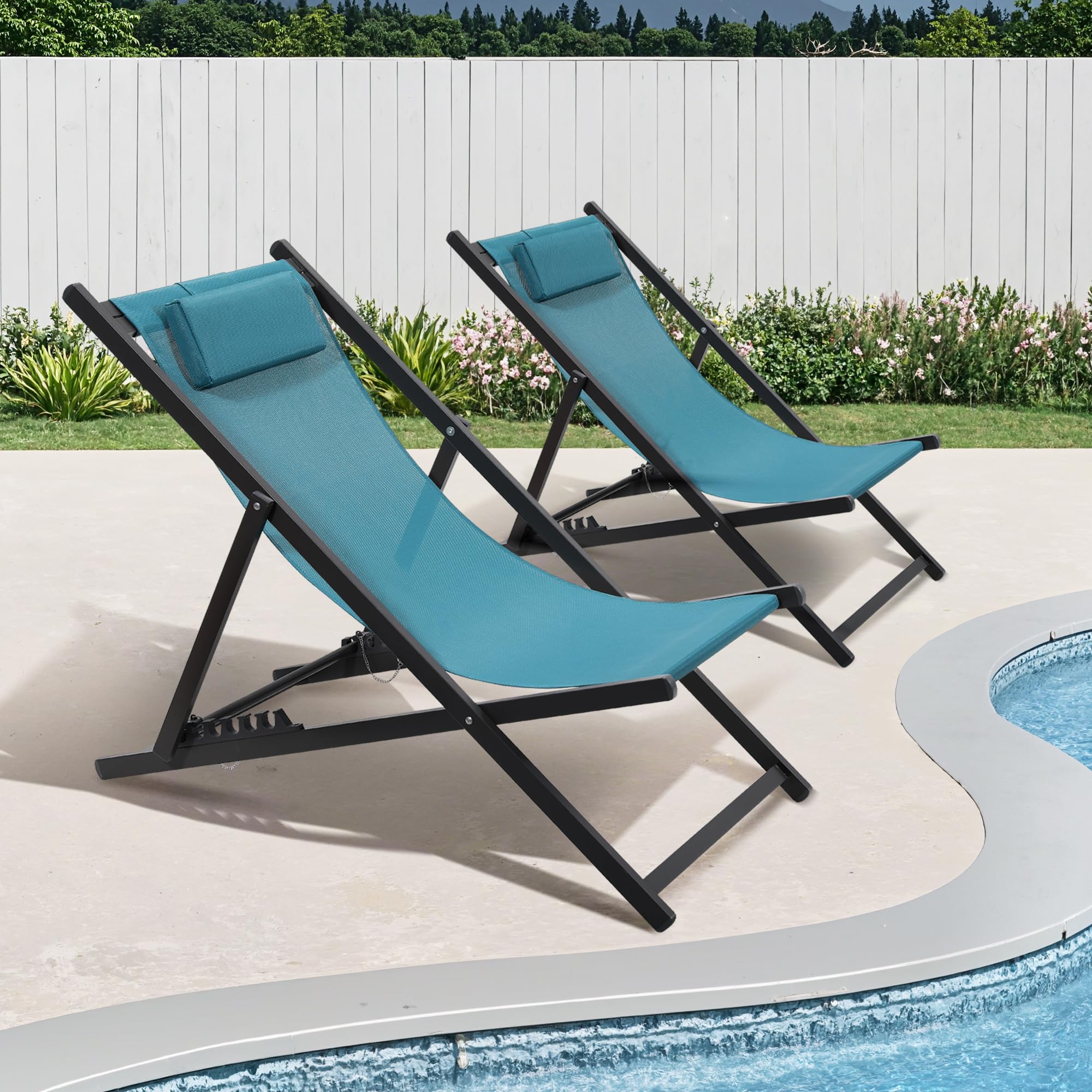 2 Pack UV-Resistant Waterproof Outdoor Patio Sling Chairs - Lightweight Foldable Aluminum Frame - Perfect for Backyard, Poolside, Beach & Garden Relaxation - Blue