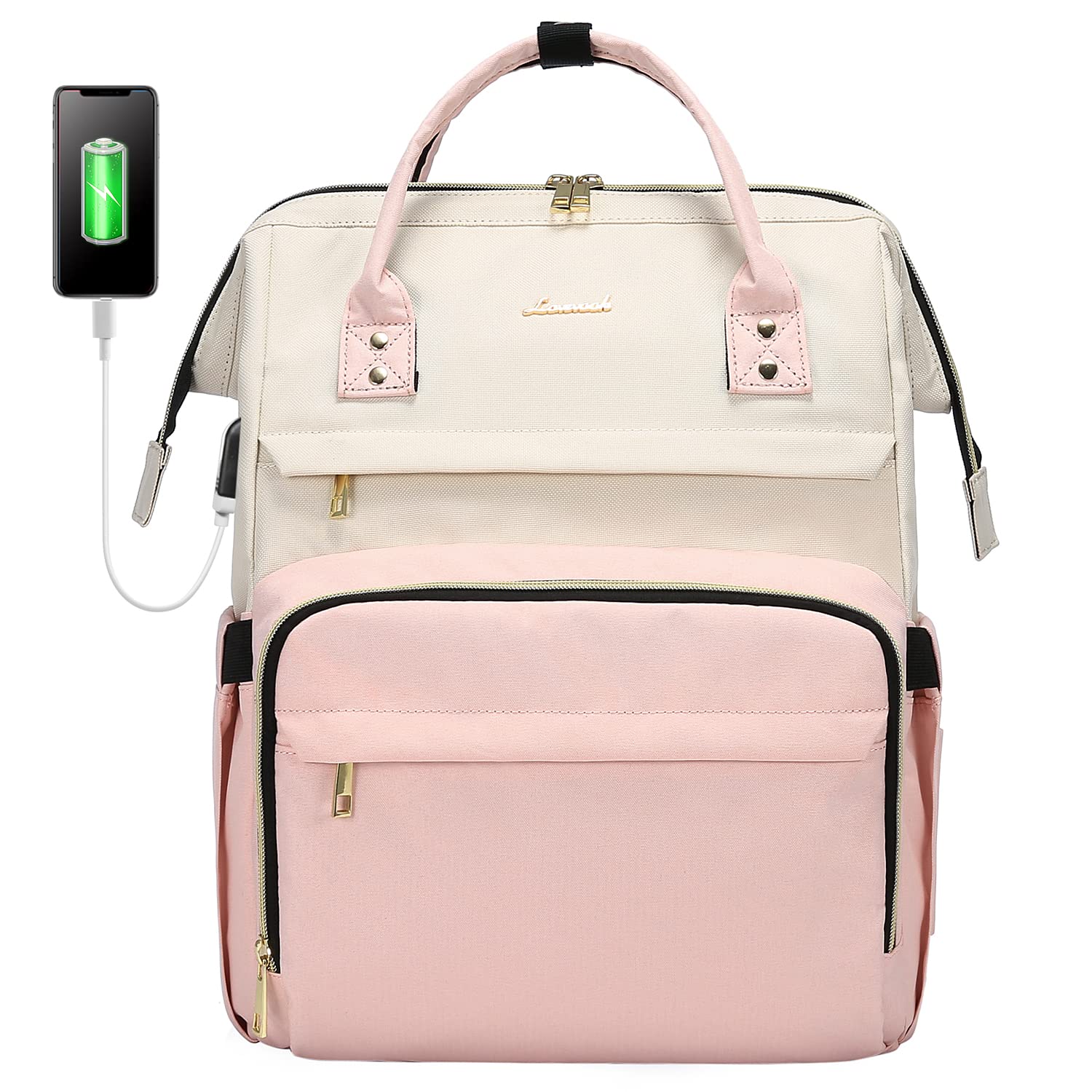LOVEVOOK 17-inch Laptop Backpack for Women - Large Capacity Fashion Work Computer Bag, Travel & Business Backpack for Professionals, Nurse & Doctor Backpack (Beige-Pink) - Perfect for Office, School, Commuting & Travel