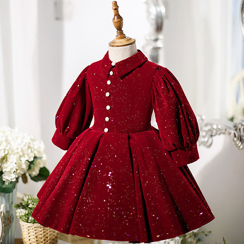 Burgundy Velvet A-Line Flower Girl Dress with Collar and Ruffles - Perfect for Weddings, Parties, and Special Occasions