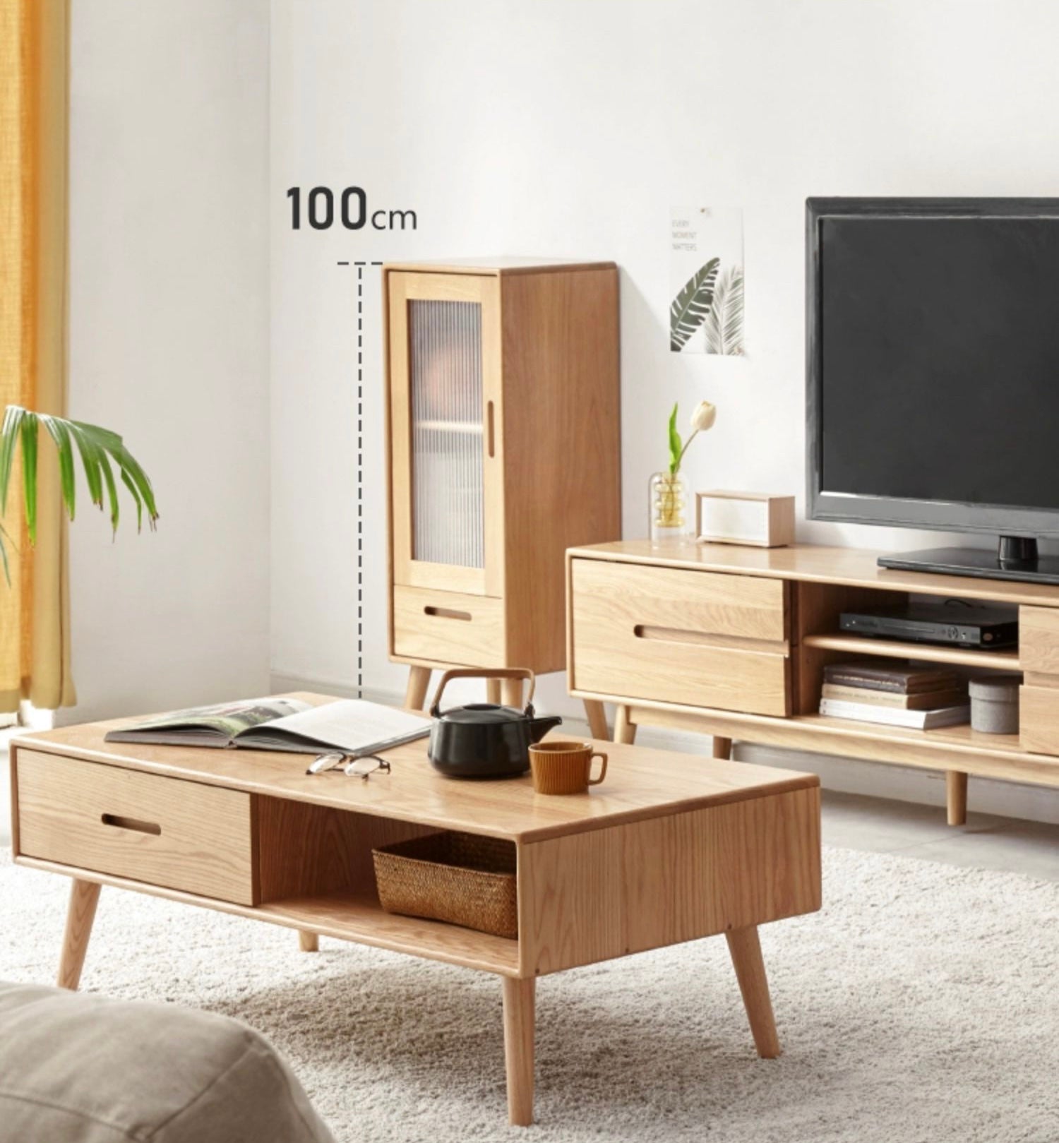 Solid Oak Wood TV Stand with Glass Doors - Stylish High Side Cabinet for Living Room, Bedroom, or Home Theater Storage