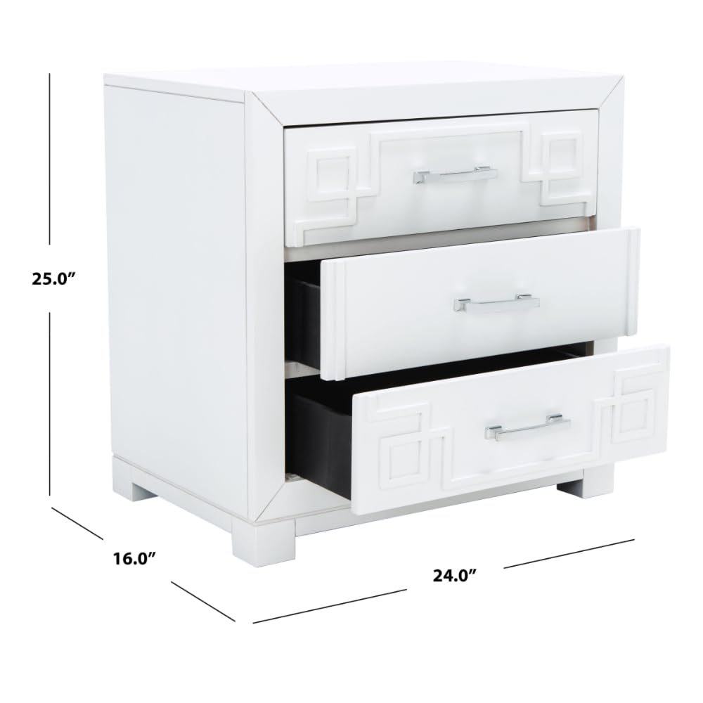 Safavieh Home Raina Greek Key White and Silver 3-Drawer Nightstand - Modern Bedside Table for Bedroom, Living Room & Guest Room Decor