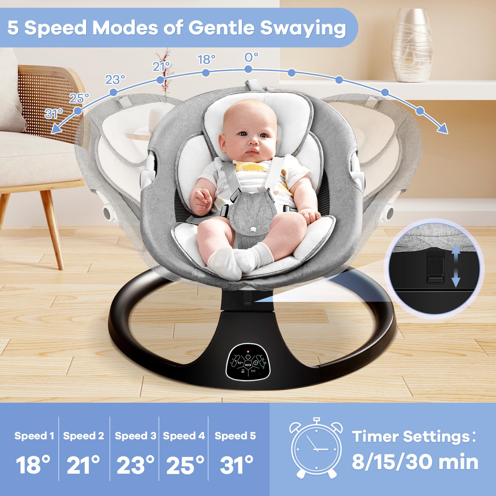 Electric Baby Swing for Infants - 5 Speed Adjustable Rocker with 10 Soothing Lullabies, Remote Control, AC Adapter & Battery Powered (Gray) - Perfect for Nursery, Living Room, Backyard & Travel Use