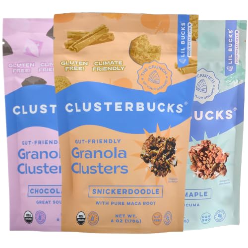 Lil Bucks Clusterbucks Gut Friendly Clusters - Regenerative Organic Sprouted Buckwheat Snacks, Gluten Free, Non-GMO (Chocolate, Snickerdoodle & Coconut Maple 3-Pack) - Perfect for Healthy On-the-Go Snacking, Office Treats & Kids Lunchboxes
