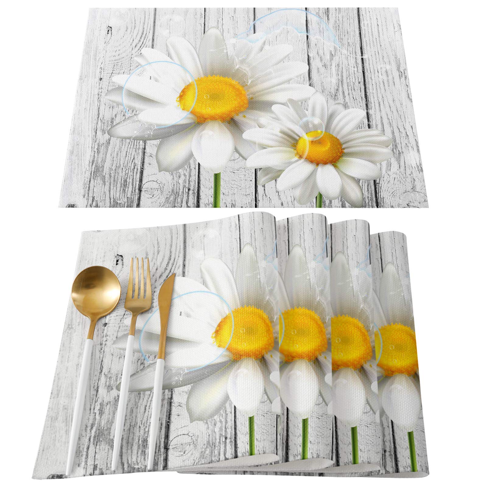 Ldtrchee Washable Placemats Set of 4 - 13x19 Inch Waterdrop Daisy Floral Table Mats for Dining, Kitchen & Patio | Wooden Stripes Design | Easy to Clean | Perfect for Everyday Meals, Dinner Parties & Outdoor Entertaining