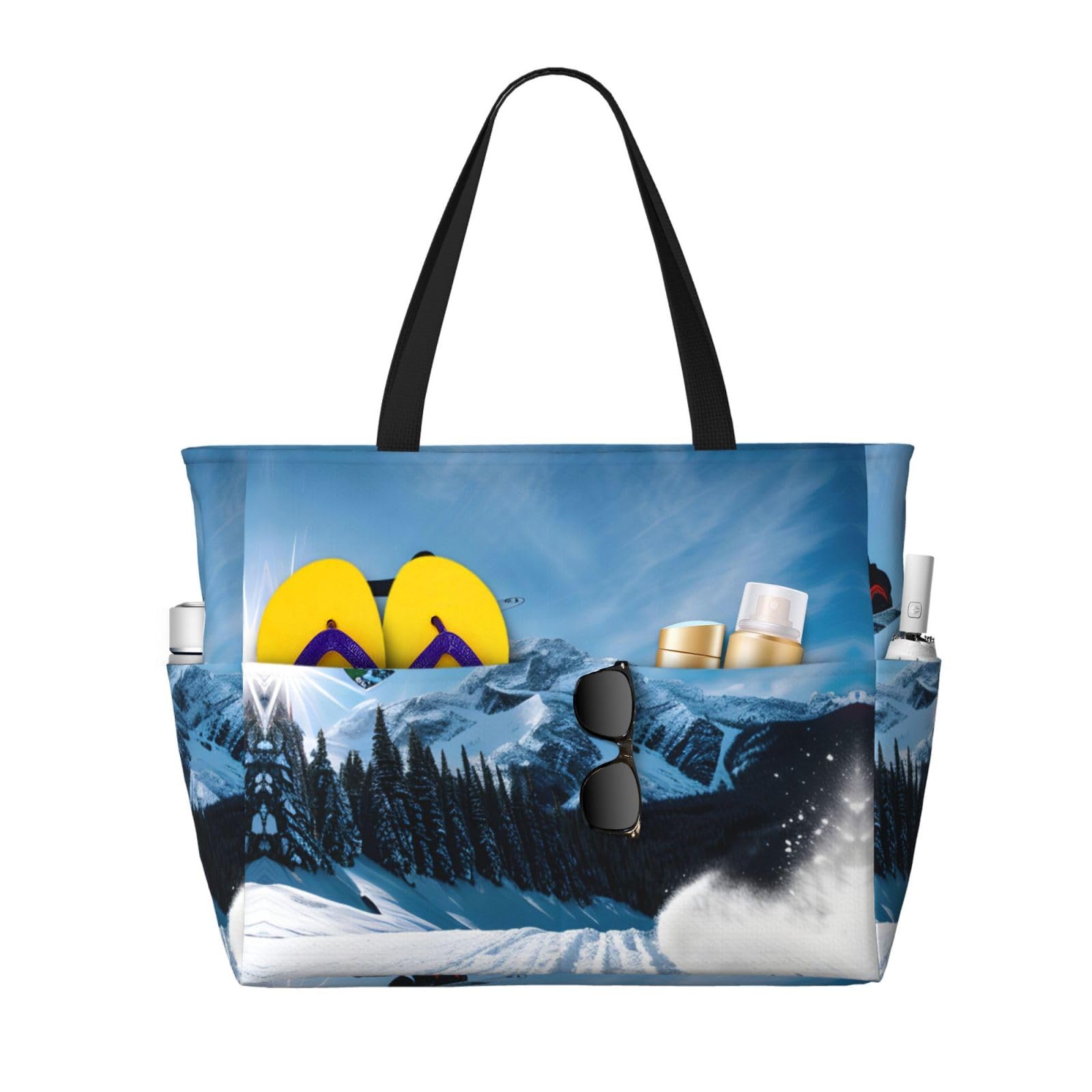 NOUZU Extra Large Snowboarding Print Beach Tote Bag for Women - Waterproof, Durable & Stylish Black Beach Travel Bag - Perfect for Beach Trips, Poolside Lounging & Summer Vacations