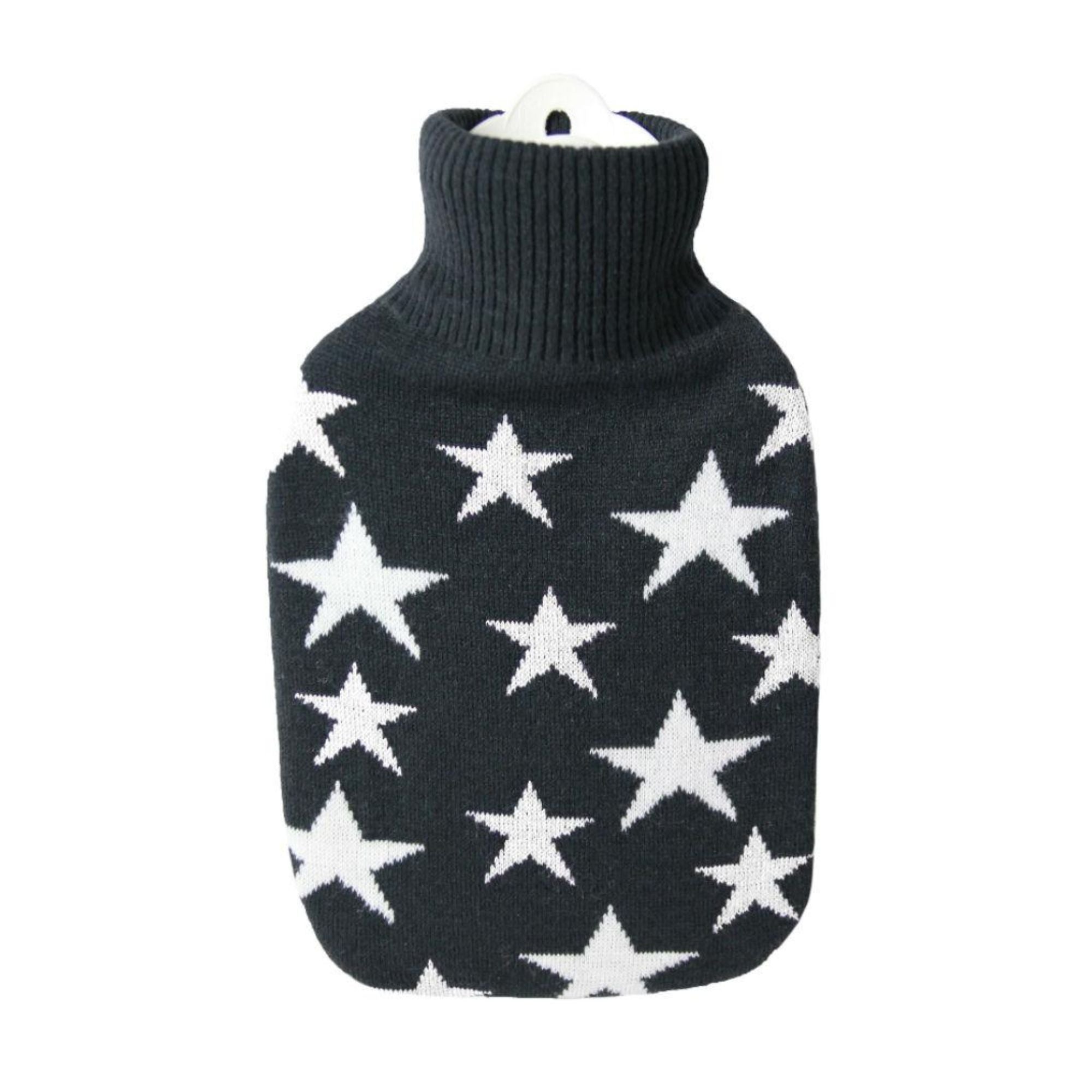 1.8L Hot Water Bottle with Knitted Black & White Star Cover - Rubber-Free, Leak-Proof for Pain Relief, Warmth & Comfort - Perfect for Cold Nights, Period Cramps, Back Pain & Winter Use