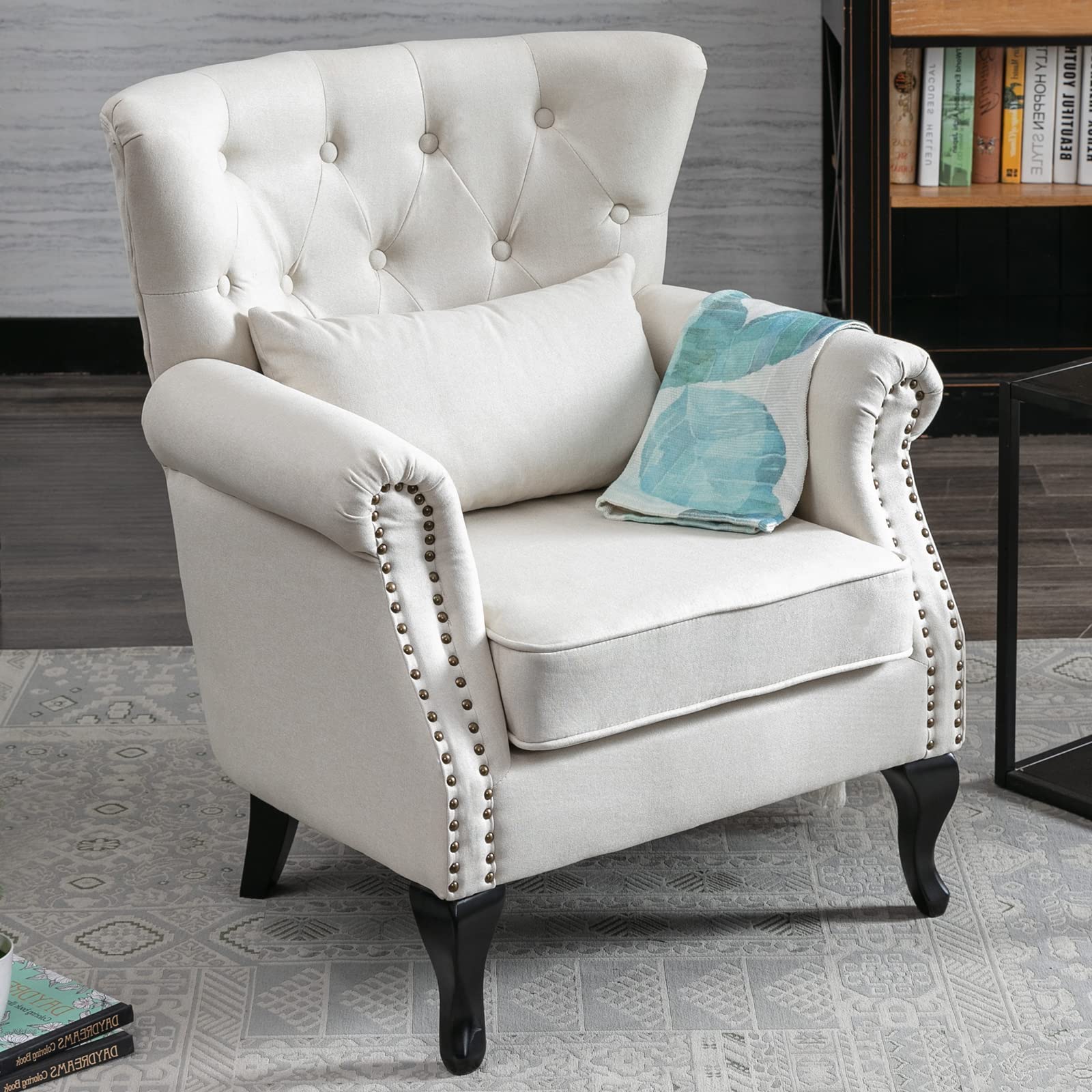 Mid-Century Modern Accent Reading Armchair - Comfy Wingback Club Chair with Button Tufted Back & Lumbar Pillow for Living Room, Bedroom, Office | Linen Beige Sofa Chair | Perfect for Reading Nooks, Cozy Corners & Waiting Areas