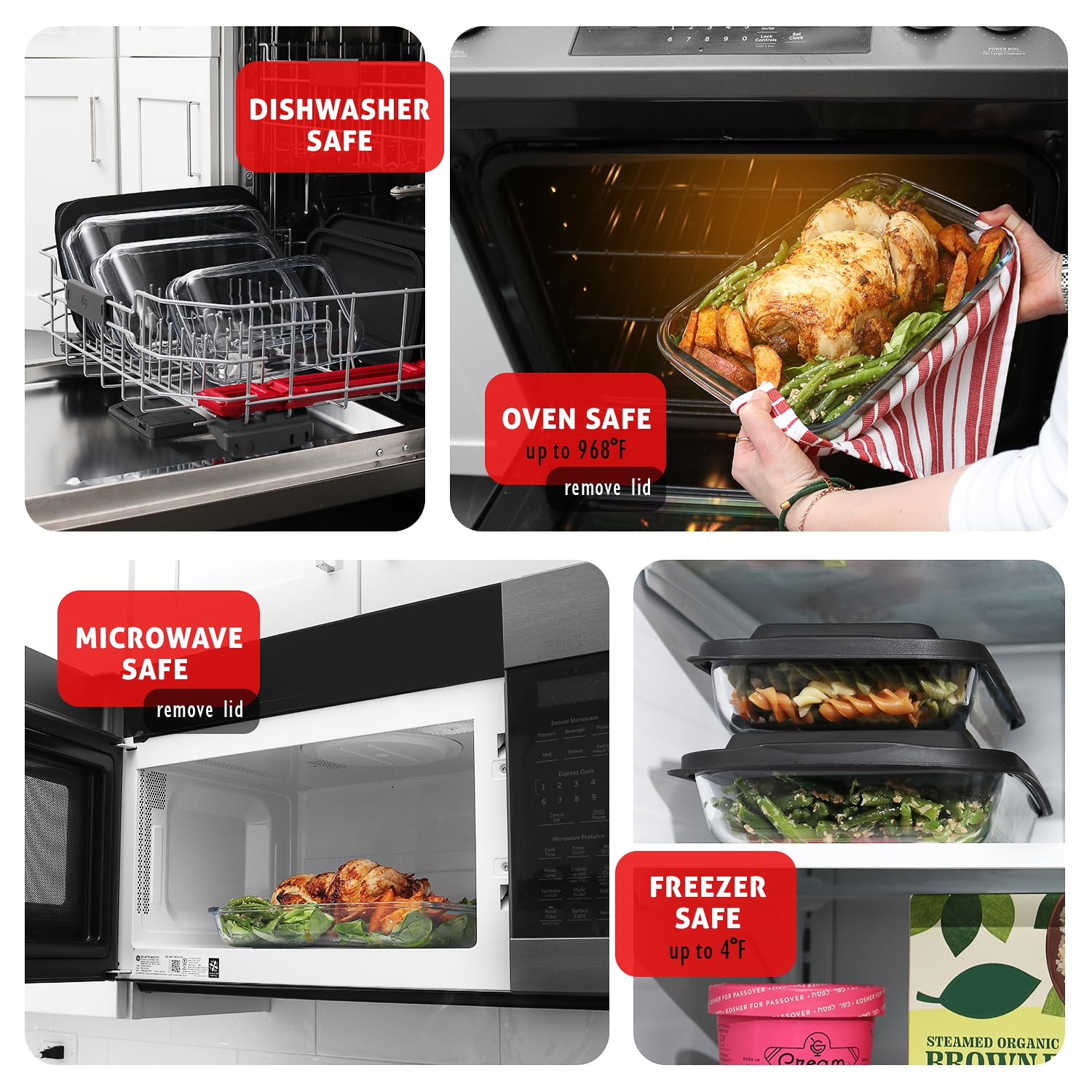 Eatex 8-Piece Oven Safe Glass Casserole Dish Set with Plastic Lids - Rectangular Baking Pans for Lasagna, Cooking, Meal Prep & Leftovers - Freezer to Oven & Dishwasher Safe - Perfect for Family Dinners, Holiday Baking & Meal Storage