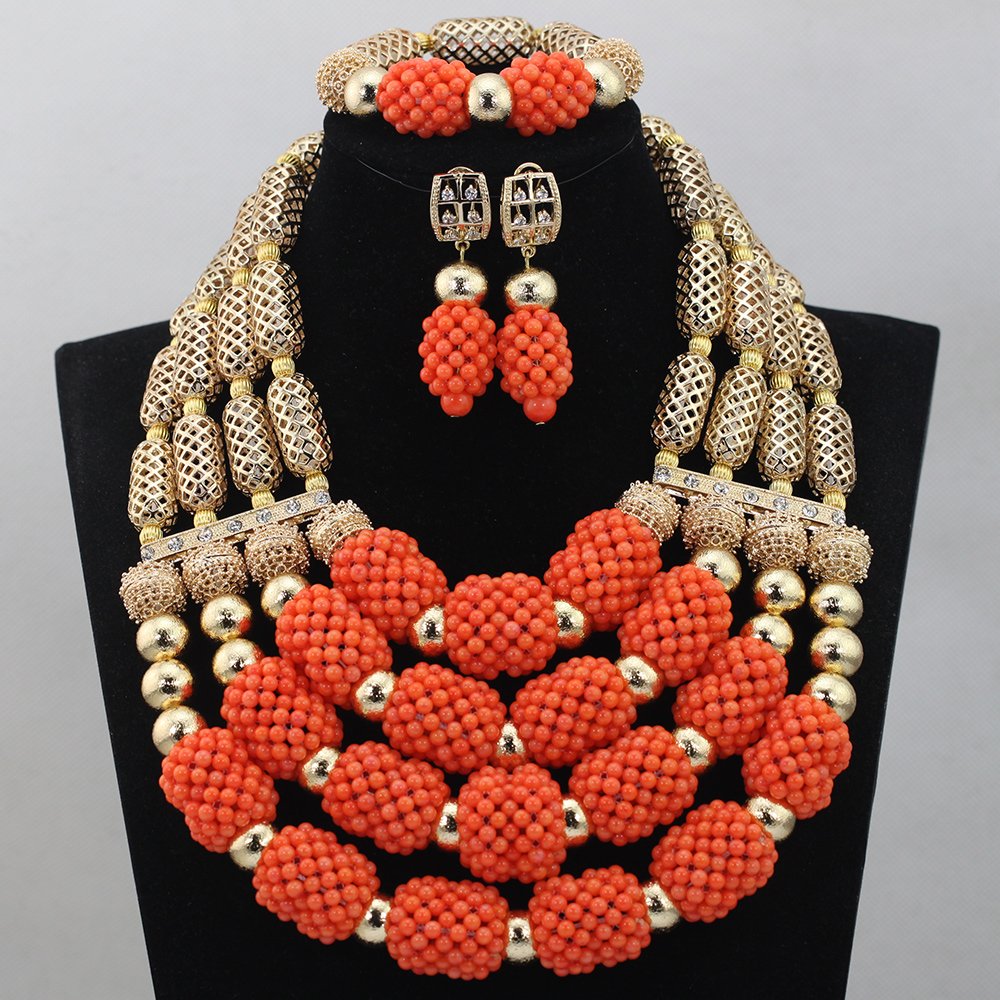 Red Beads Statement Necklace Set - African Nigerian Wedding Jewelry in Dubai Gold | Elegant Women's Jewelry for Bridal, Party & Special Occasions
