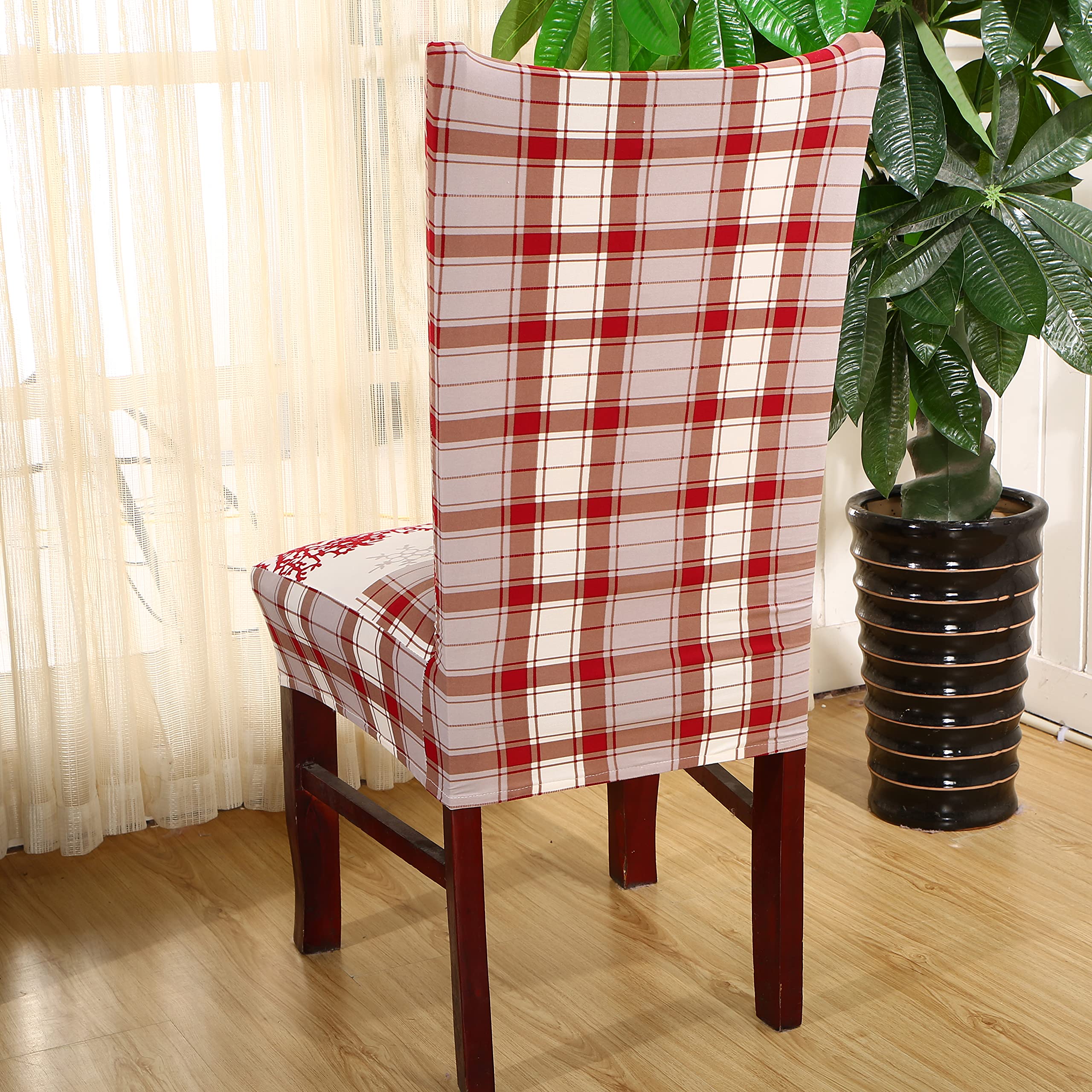 Christmas Chair Covers - Stretchable Washable Slipcovers for Dining Room, Home & Hotel Use - Snowflake Elk Tree Buffalo Plaid Design - White Set of 6 - Perfect for Holiday Decorations, Parties & Winter Weddings