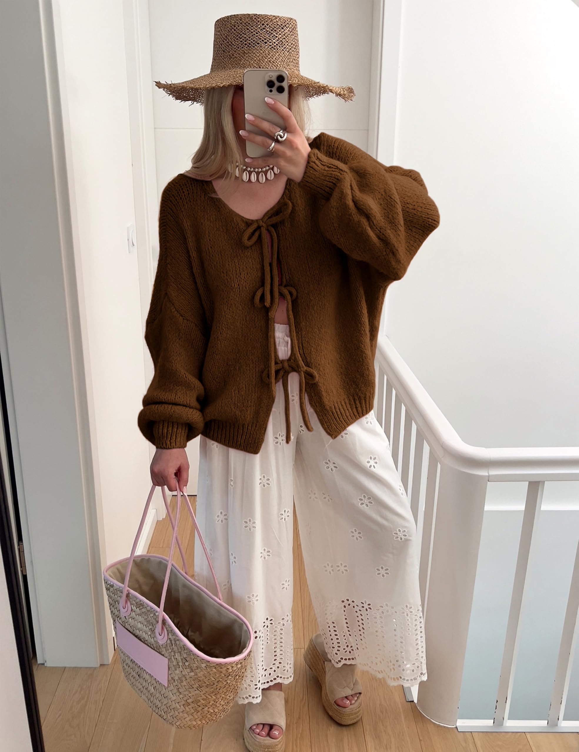 SKIKYAN Women's Oversized Knit Sweater Cardigan - Y2K Style Long Sleeve V-Neck Open Front Casual Knitwear | Perfect for Fall Layering, Coffee Dates & Cozy Office Wear