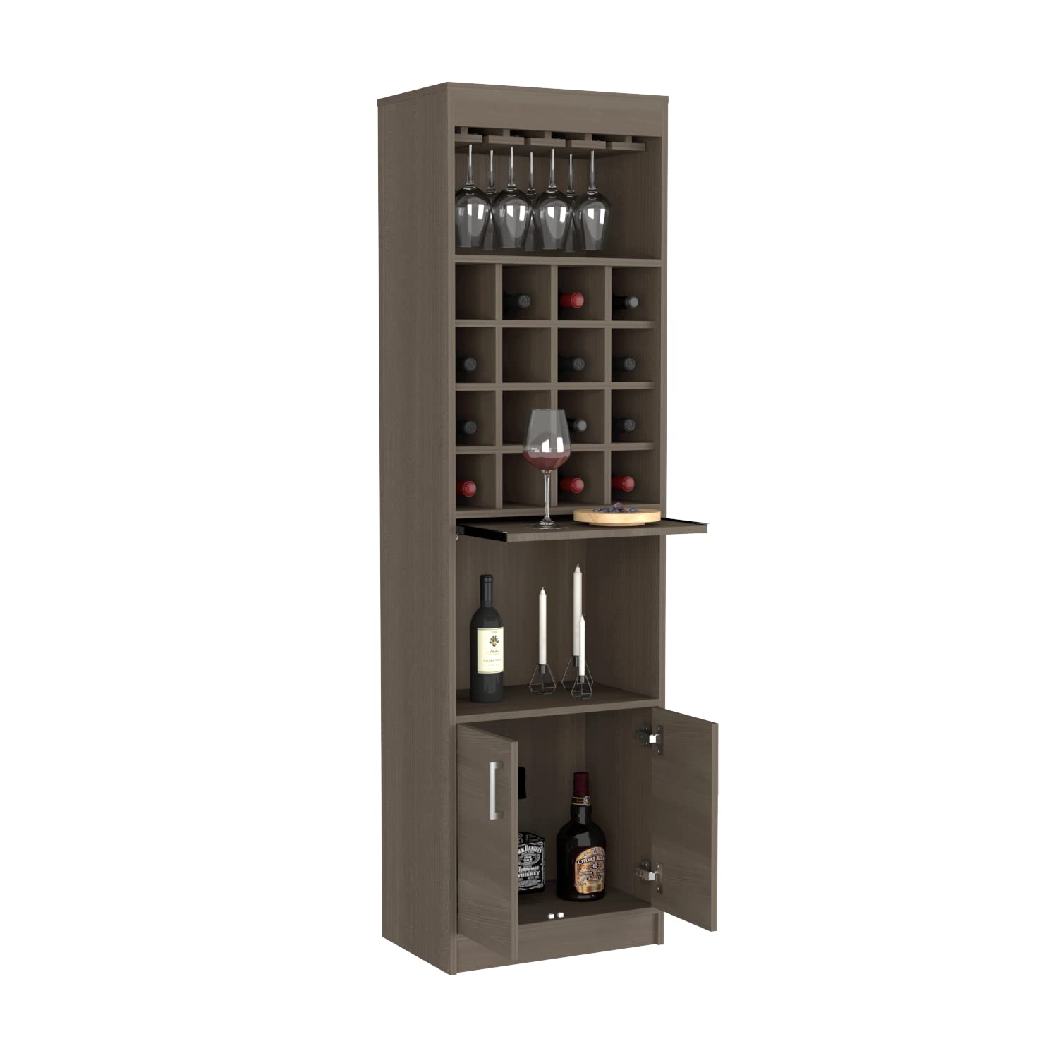 Bar Cabinet Modoc with Extendable Shelf & 16 Wine Cubbies - Smokey Oak Finish | Perfect for Home Bar, Dining Room & Entertaining