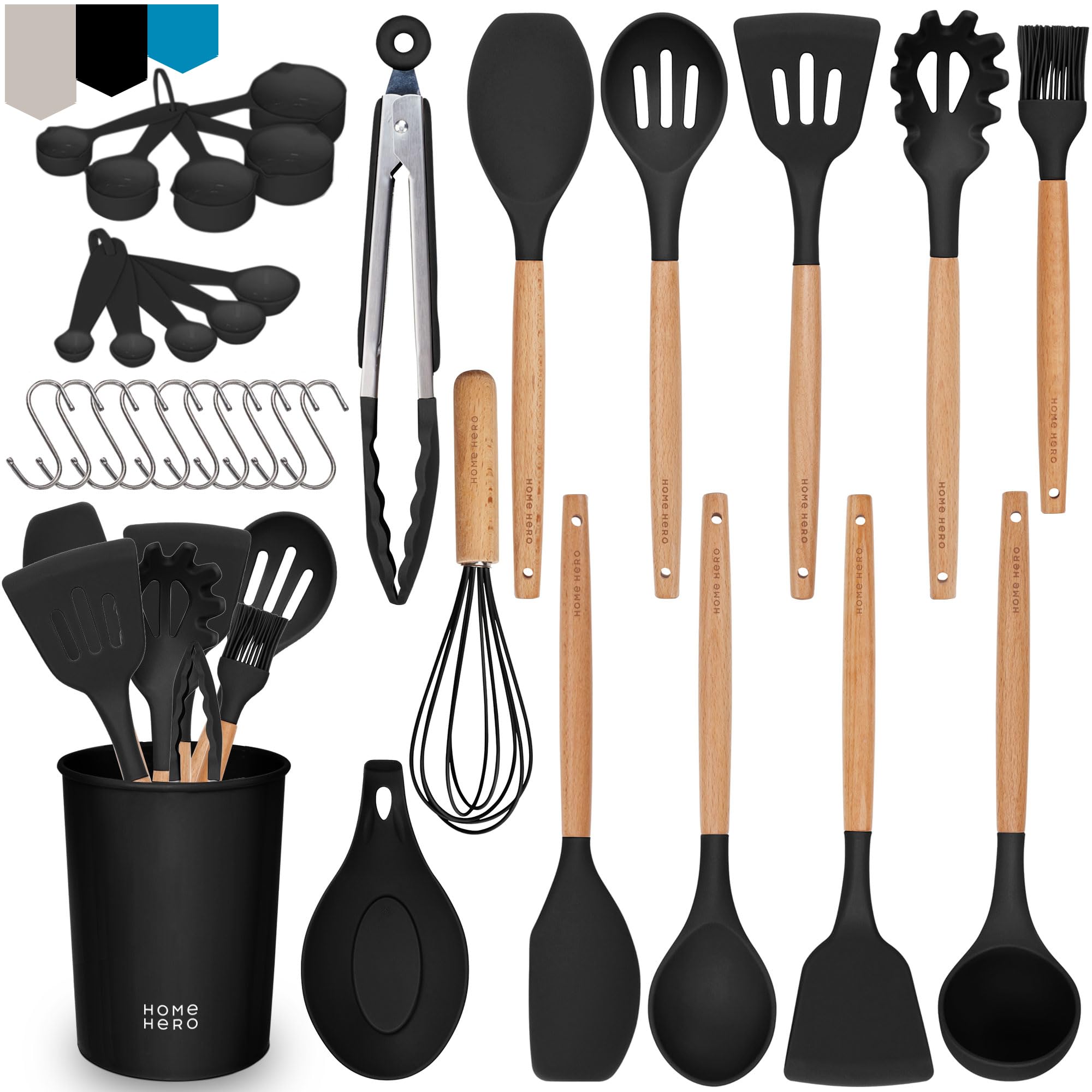 Premium Silicone Kitchen Utensils Set - 33 Pcs Non-Stick Cooking Tools with Wooden Handle Spatula, Turner & Essential Gadgets for Baking, Frying & Everyday Cooking (Black) - Ideal for Home Chefs & Professional Kitchens