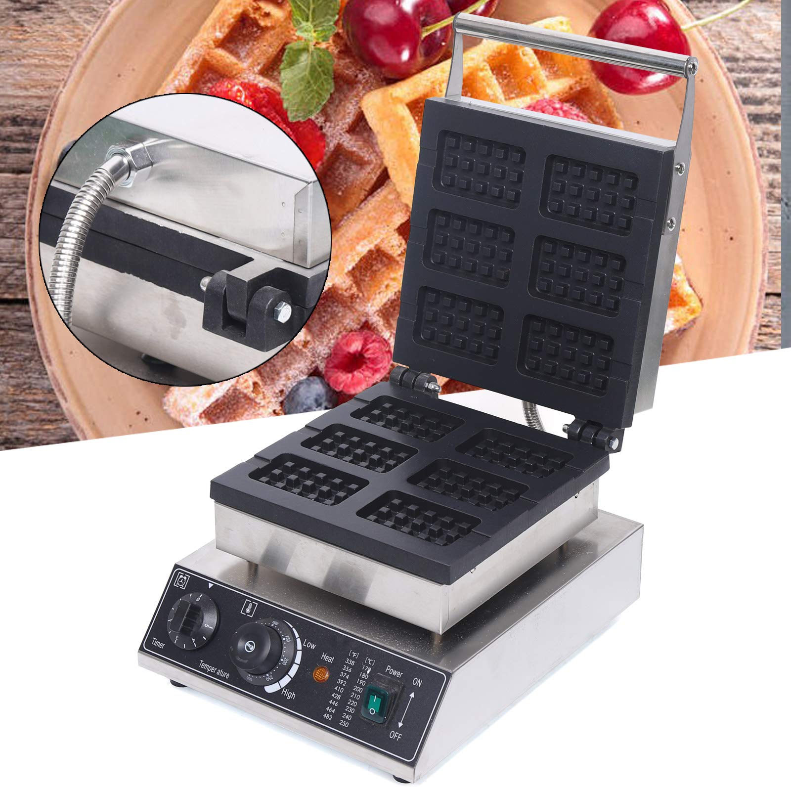 Commercial Waffle Maker Machine - 1500W Electric Waffle Iron with Non-Stick Surface, 6-Piece Waffle Capacity, Stainless Steel Design for Home & Bakery Use - Perfect for Waffles, Paninis, Mini-Pies & Hash Browns - Ideal for Breakfast, Brunch & DIY Cooking