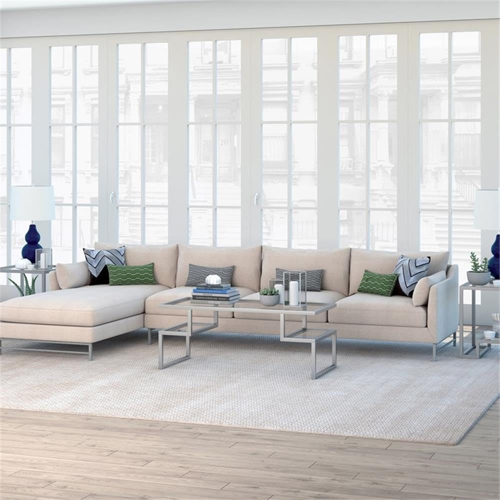 Modern Metal Hollywood Coffee Table with Satin Nickel & Gray Finish, Tempered Glass Top - Perfect for Living Room, Lounge & Office Decor
