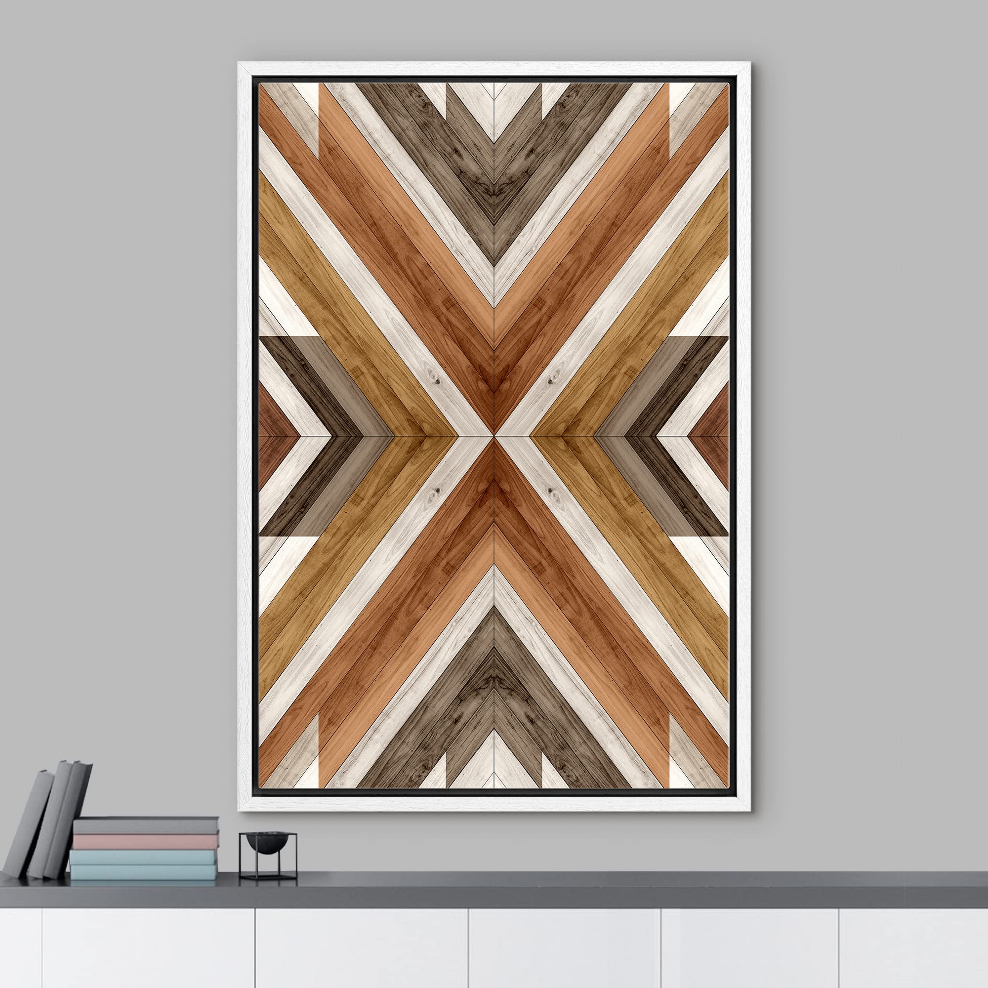 IDEA4WALL Framed Canvas Print - Western Tribal Wood Panel Art, Abstract Landscape Shapes, Modern Nordic Minimal Boho Decor for Living Room, Bedroom, Office - 24
