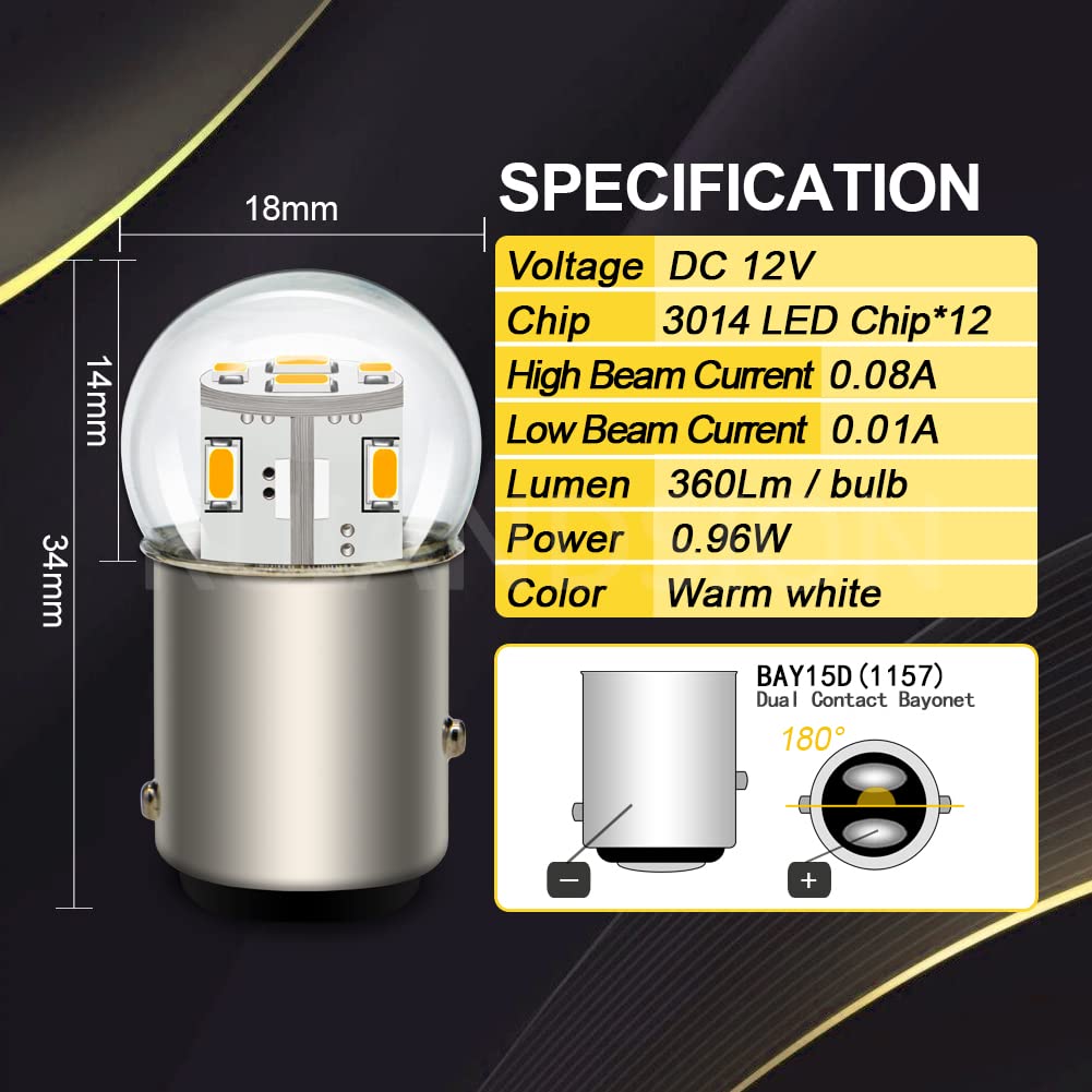 Ruiandsion 2-Pack 1157 LED Bulbs 12V BAY15D (2057/2357/7528 Compatible) - Warm White 3014 12SMD LED Chipsets for Backup, Reverse, Brake & Tail Lights - Perfect for Cars, Trucks, SUVs & Motorcycles