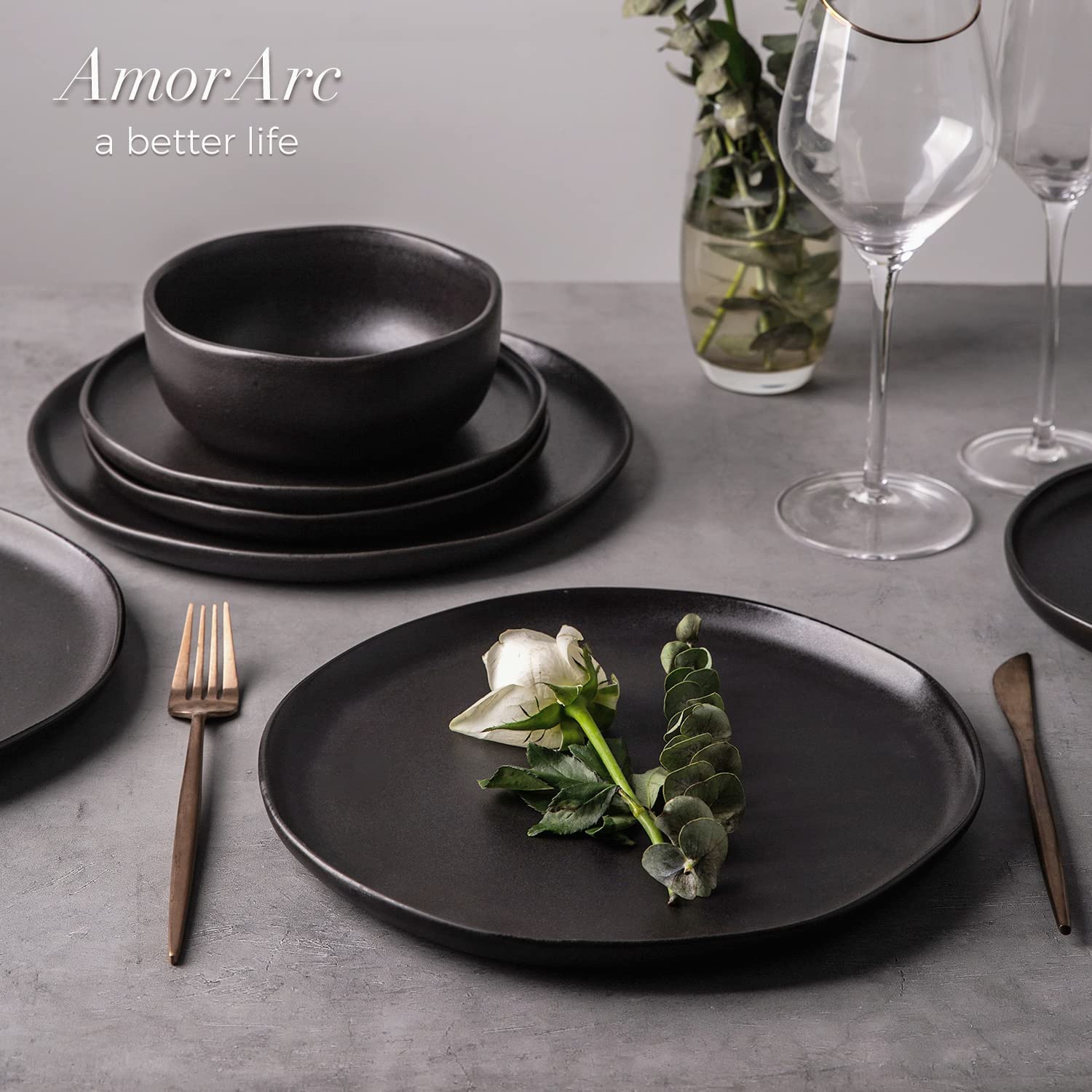 AmorArc 28oz Stoneware Cereal & Soup Bowls Set of 4 - Microwave, Oven & Dishwasher Safe Ceramic Kitchen Bowls with Wavy Rim - Matte Black for Breakfast, Lunch & Dinner Serving