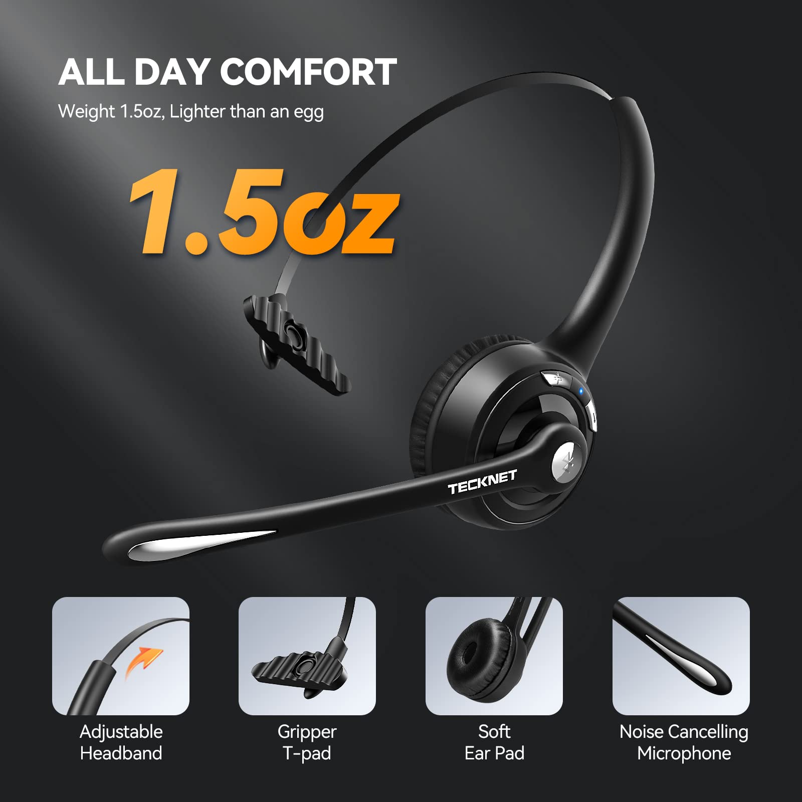 TECKNET Bluetooth Headset - Wireless On-Ear Headphones with Noise Cancelling Mic for Truckers | Hands-Free Headset with Mute Function for Phone Calls | Perfect for Long-Haul Driving, Office Work & Online Meetings