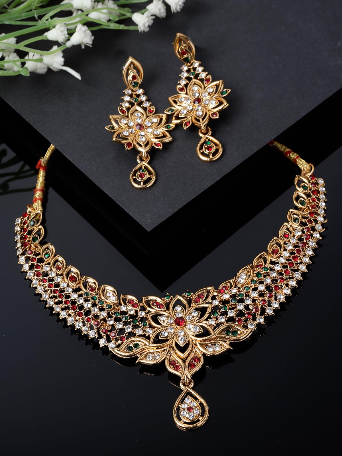 Elegant Gold Plated Multicolor AD Stone Collar Bone Necklace & Earrings Set for Women | Fashion Jewelry Gift for Party, Wedding & Evening Occasions (NS105515)