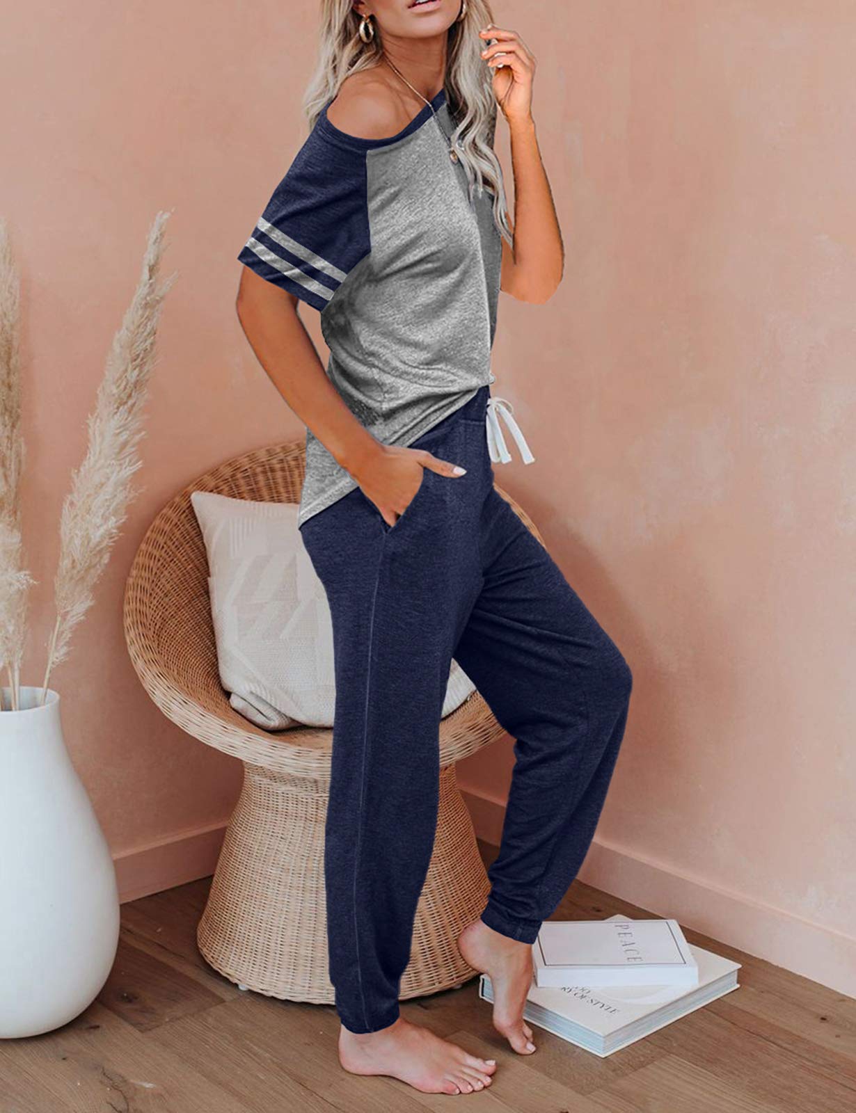 Women's 2-Piece Lounge Set - Short Sleeve Jogger Pajama Outfit for Home & Travel