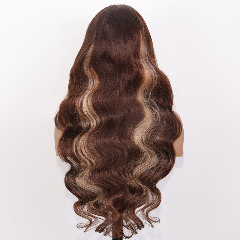 Eullair Dark Brown Body Wave Wig with Honey Blonde Highlights & Skunk Stripe Lace Frontal - Human Hair Wig for Women, Perfect for Daily Wear, Cosplay & Special Occasions