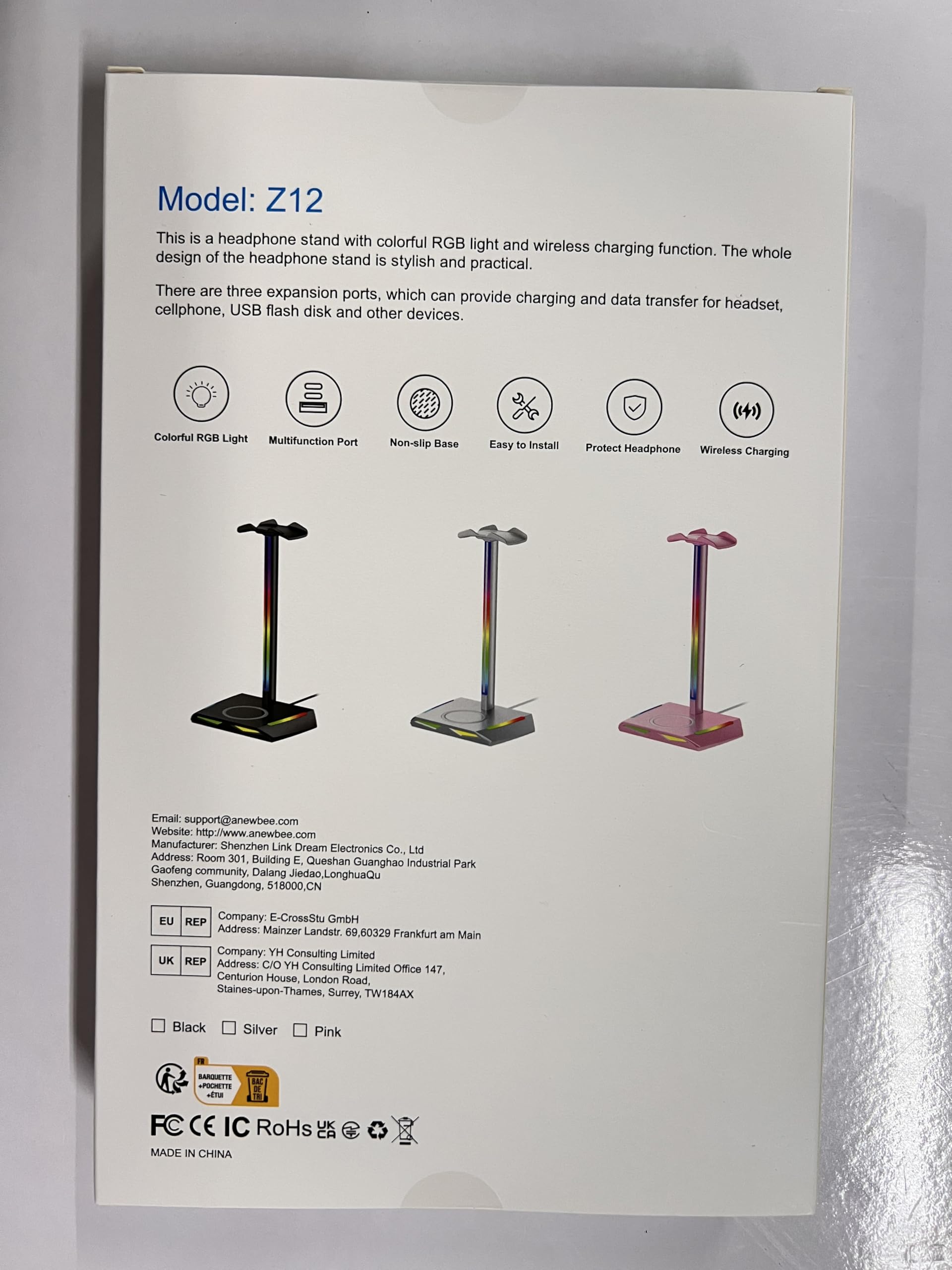 RGB Gaming Headphone Stand with Wireless Charger - 2 USB-C & 1 USB Ports, 7 Color Modes, Non-Slip Base - Perfect for Gaming Setup, Home Office & Streaming Station (Black)