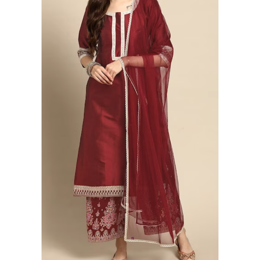 Elegant Maroon Kurta with Mirror Work & Printed Trousers Set - Indian Party Wear for Women | Perfect for Festivals, Weddings & Special Occasions