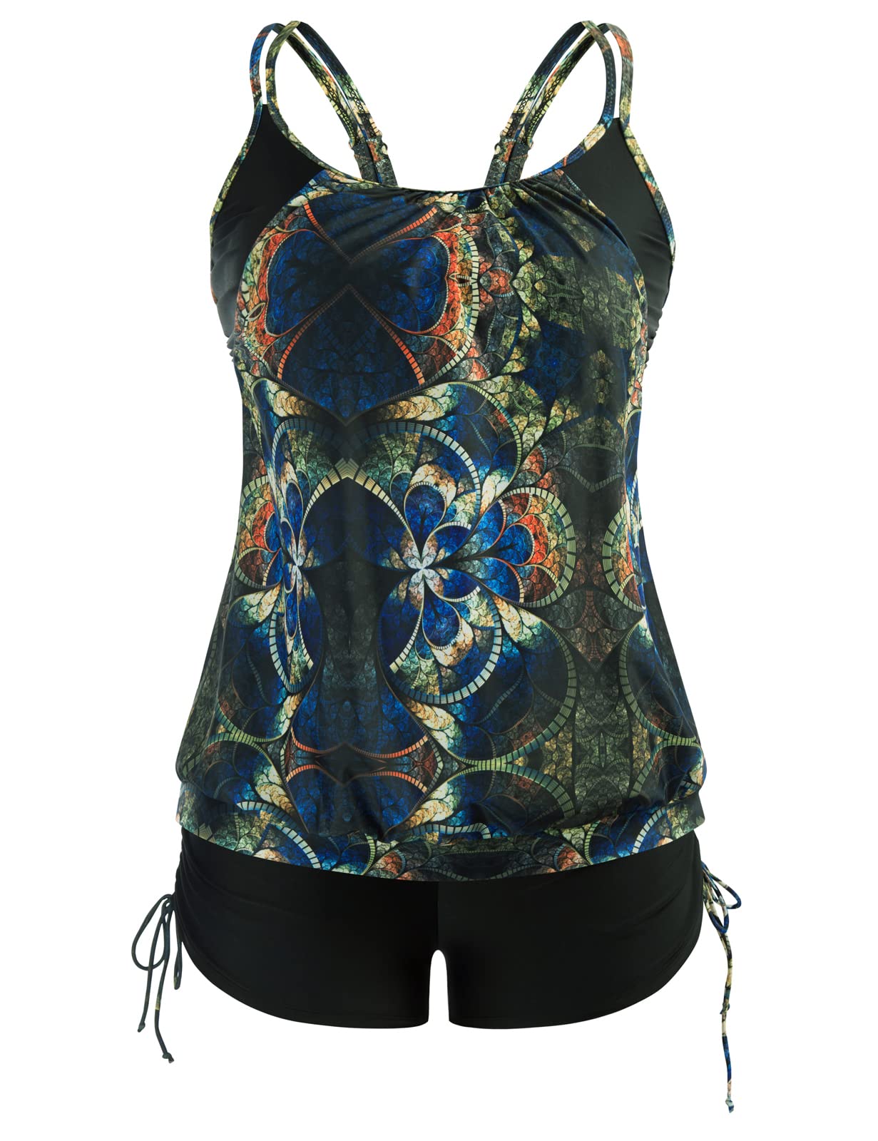 Hanna Nikole Women's Plus Size Striped Printed Tankini Top with Shorts - 2 Piece Swimsuit Set for Beach, Pool & Vacation | Comfortable Strappy Design for Curvy Figures