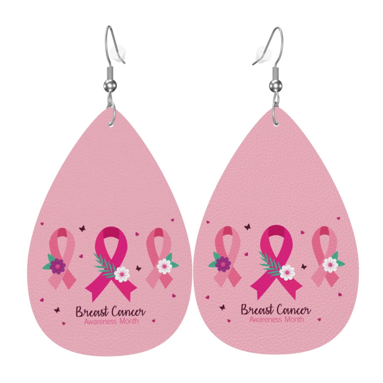 Breast Cancer Awareness Month Earrings for Women & Men - Lightweight Faux Leather Teardrop Dangle Earrings with Gemstone Accents - Unique Gift for Her, Him & Teens - Perfect for Fundraisers, Survivor Support & Awareness Events