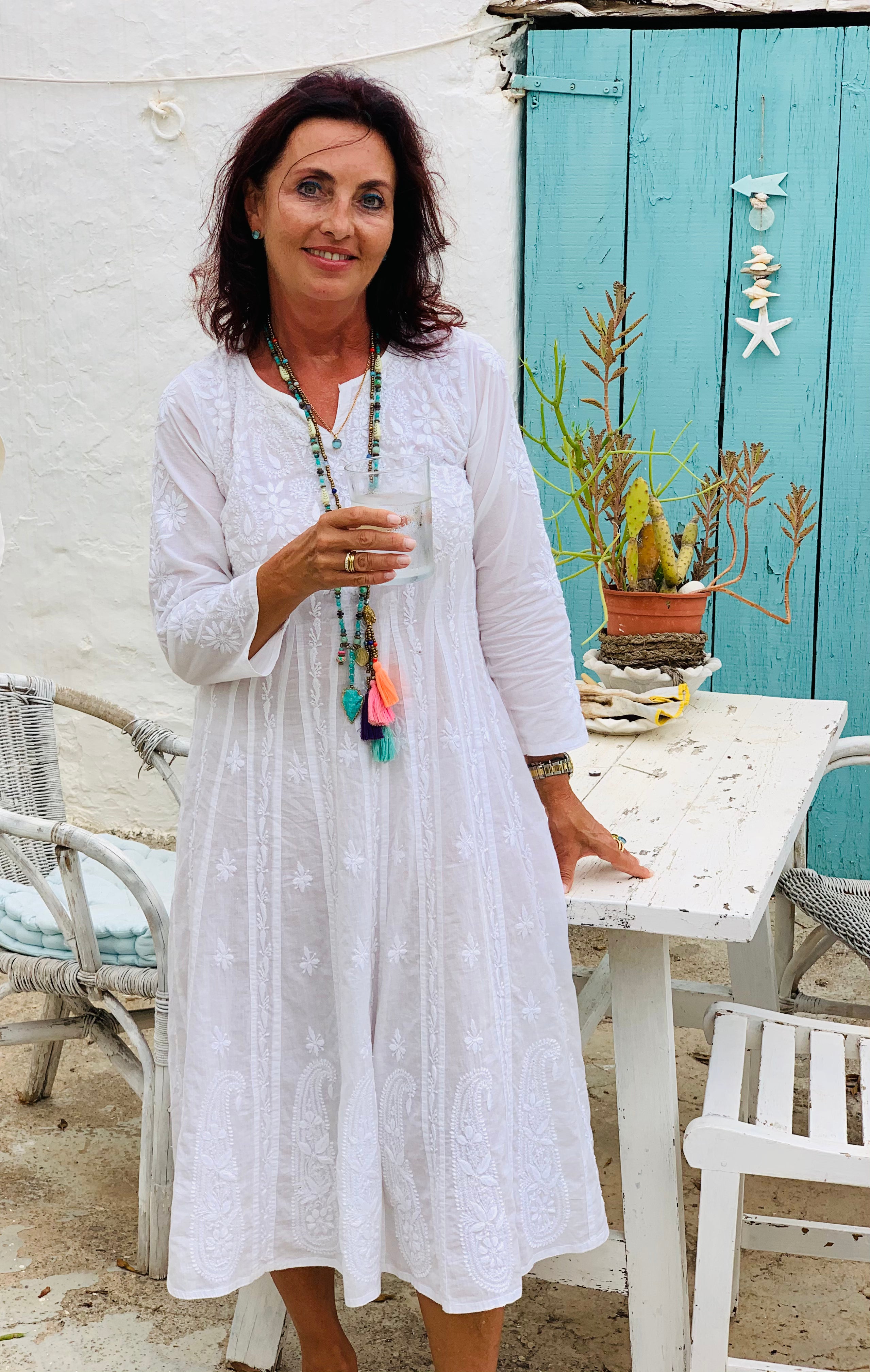 Hand Embroidered White Anarkali Ibiza Boho Chic Long Cotton Dress - Kundalini Yoga & Beach Wear - Perfect for Festivals, Vacations & Boho Fashion