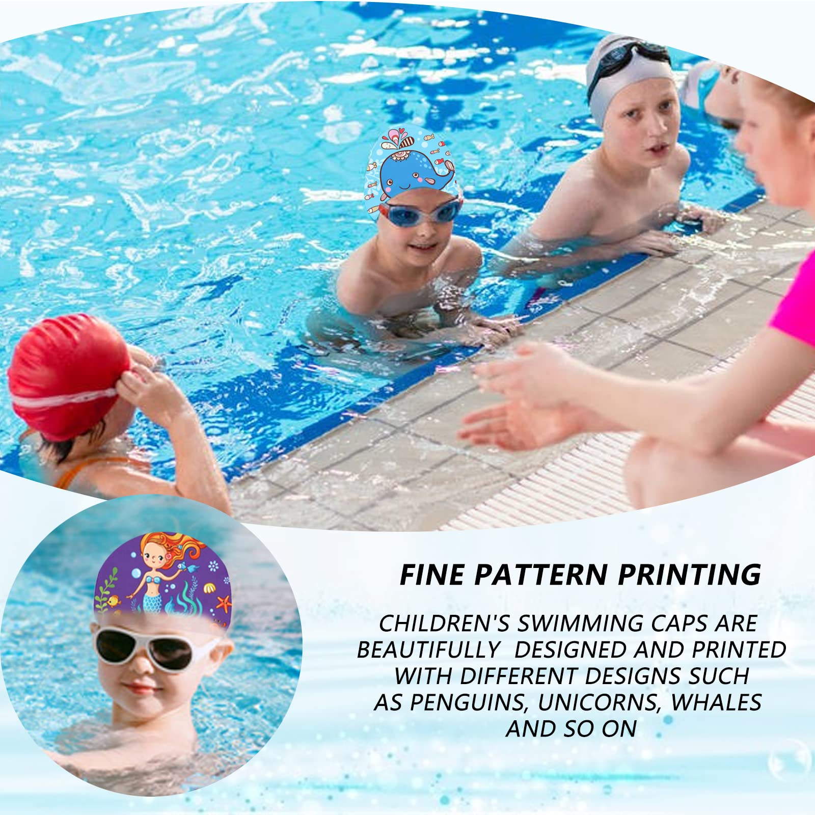 3 Pack Waterproof Swim Caps for Kids - Cartoon Design Bathing Caps for Girls & Boys with Long or Short Hair - Ideal for Swimming Lessons, Pool Parties & Beach Activities