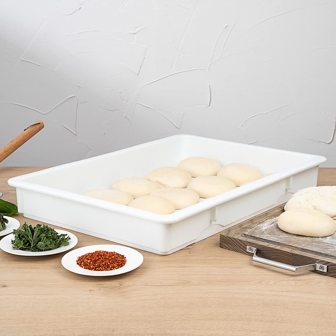 Restaurantware 26 x 18 x 3 Inch Stackable White Plastic Proofing Boxes - Set of 10 Rectangle Dough Boxes with Durable Lids (Sold Separately) | Dishwasher-Safe Pizza Dough Proofing Containers for Bakeries, Pizzerias & Commercial Kitchens