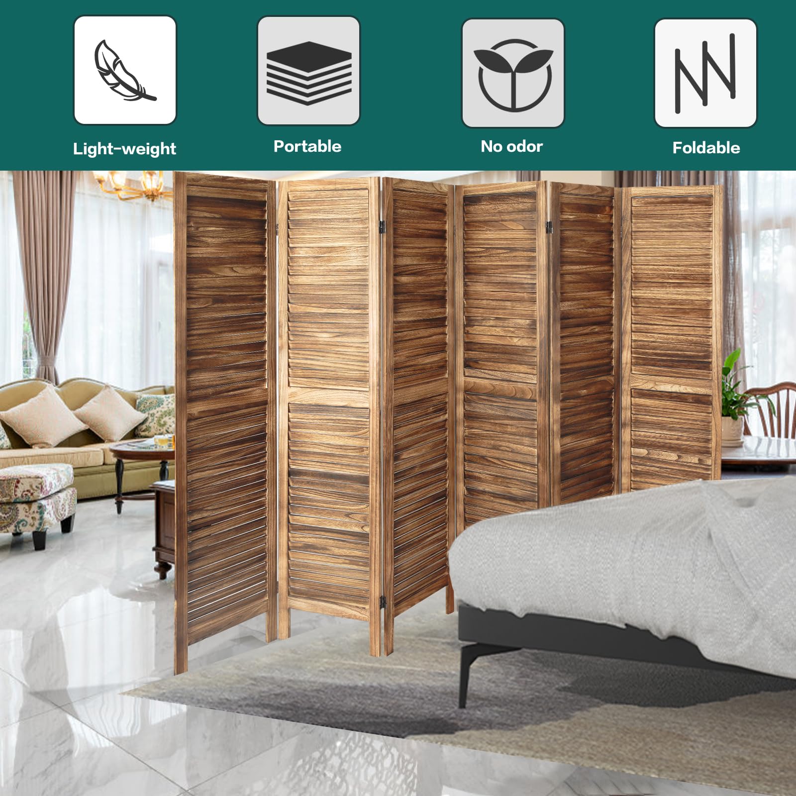 ECOMEX 6 Panel Wood Room Divider - 5.6Ft Tall Folding Privacy Screen with Louvered Design, Freestanding Partition for Home, Office, Restaurant & Bedroom (Brown) | Perfect for Creating Private Spaces, Room Separation & Decoration