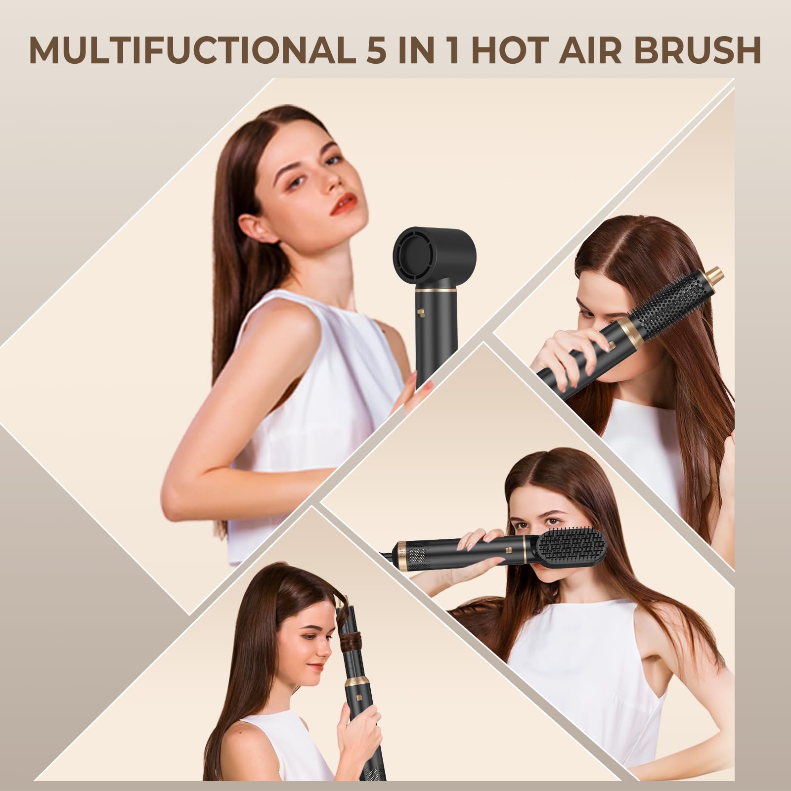 5-in-1 Blow Dryer Brush with Detachable Hot Air Styler | Negative Ion Hair Dryer & Curling Iron for Drying, Straightening & Voluminous Curls | Perfect for Salon-Quality Styling at Home, Travel & Daily Hair Care