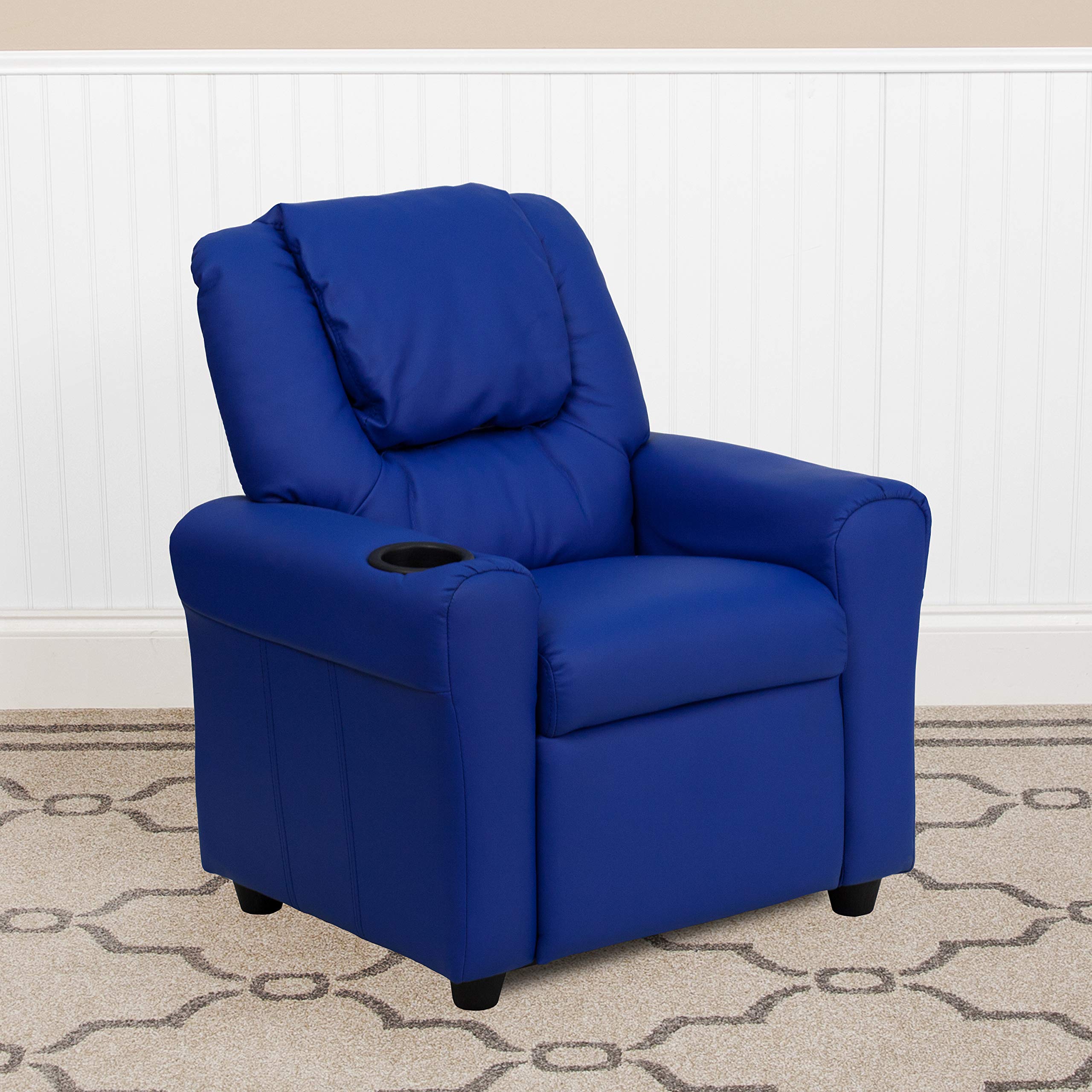 Blue Vinyl Kids Recliner Chair with Cup Holder & Headrest - Comfortable Children's Lounge Chair for Playroom, Bedroom or TV Watching
