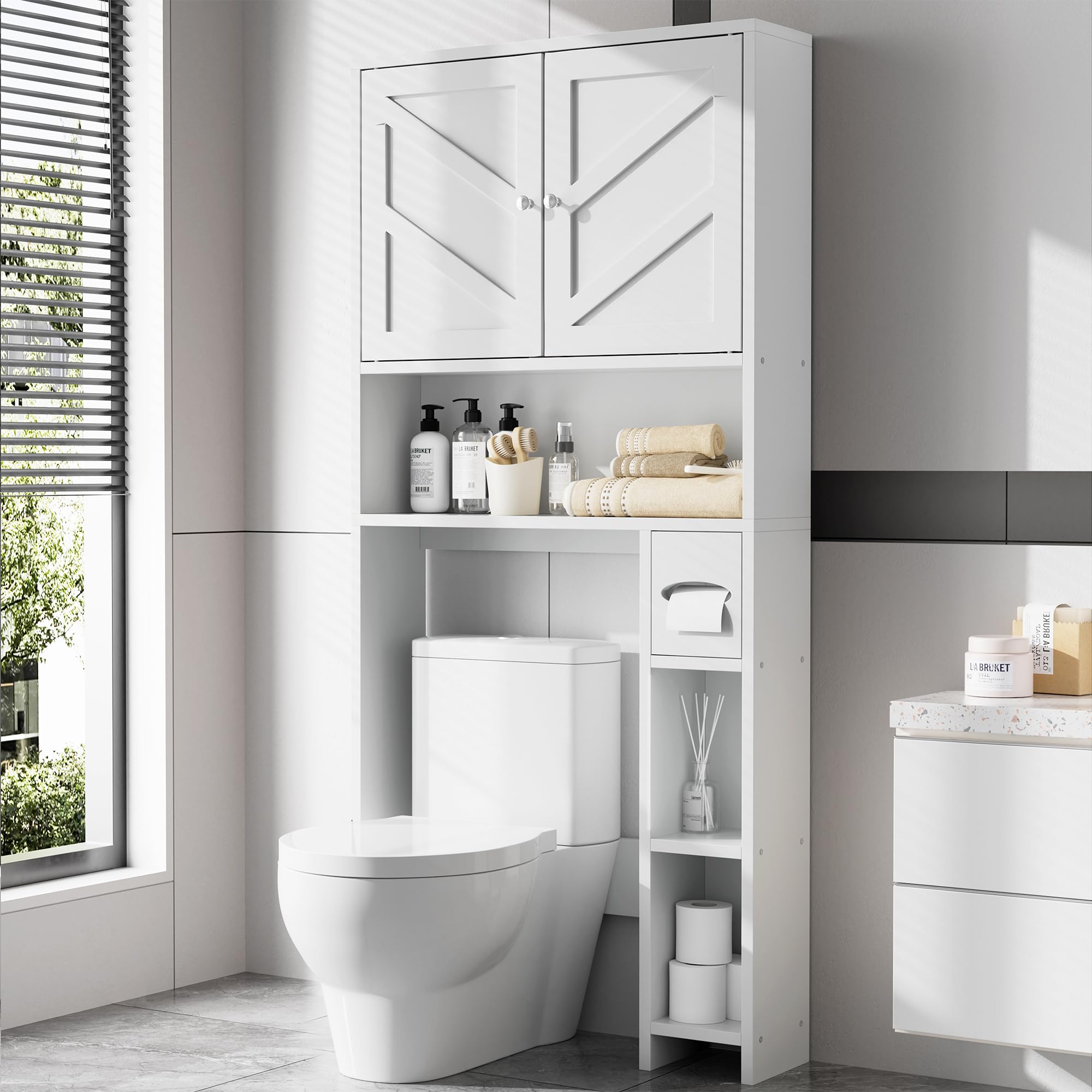 Meilocar Over The Toilet Storage Cabinet - Farmhouse Style Bathroom Organizer with Adjustable Shelf & Toilet Paper Holder | Freestanding Space Saver for Small Bathrooms | Perfect for Toilet Paper, Towels & Bath Essentials Storage (White)