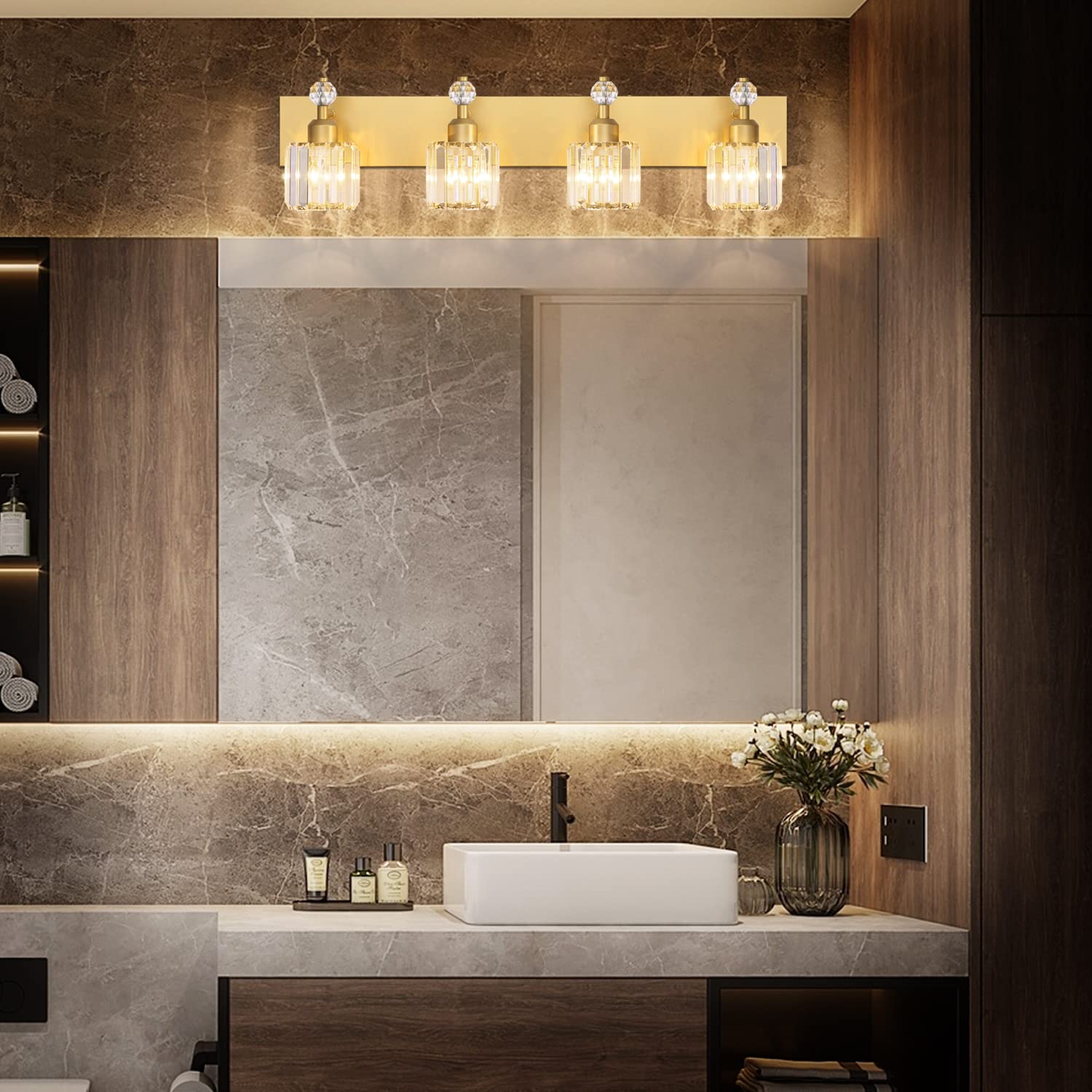 Modern Crystal Bathroom Vanity Light - 4-Light Gold Vanity Lighting for Mirror - Elegant Wall Fixture for Bathroom, Bedroom & Dressing Room