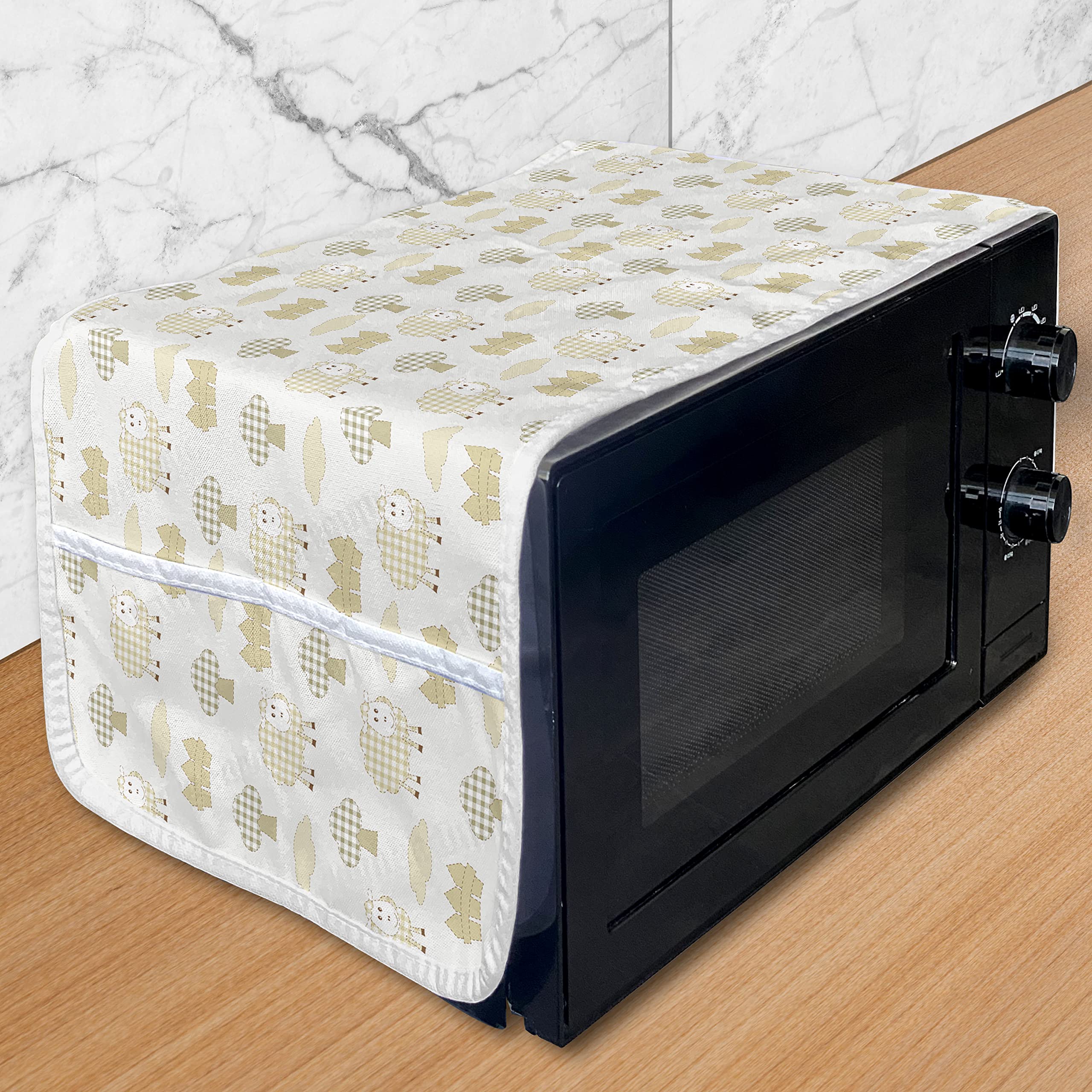 Ambesonne Sheep Microwave Cover - Checkered Pattern with Sheep Characters, Farm Life Design - Waterproof Kitchen Organizer with Pockets - 36