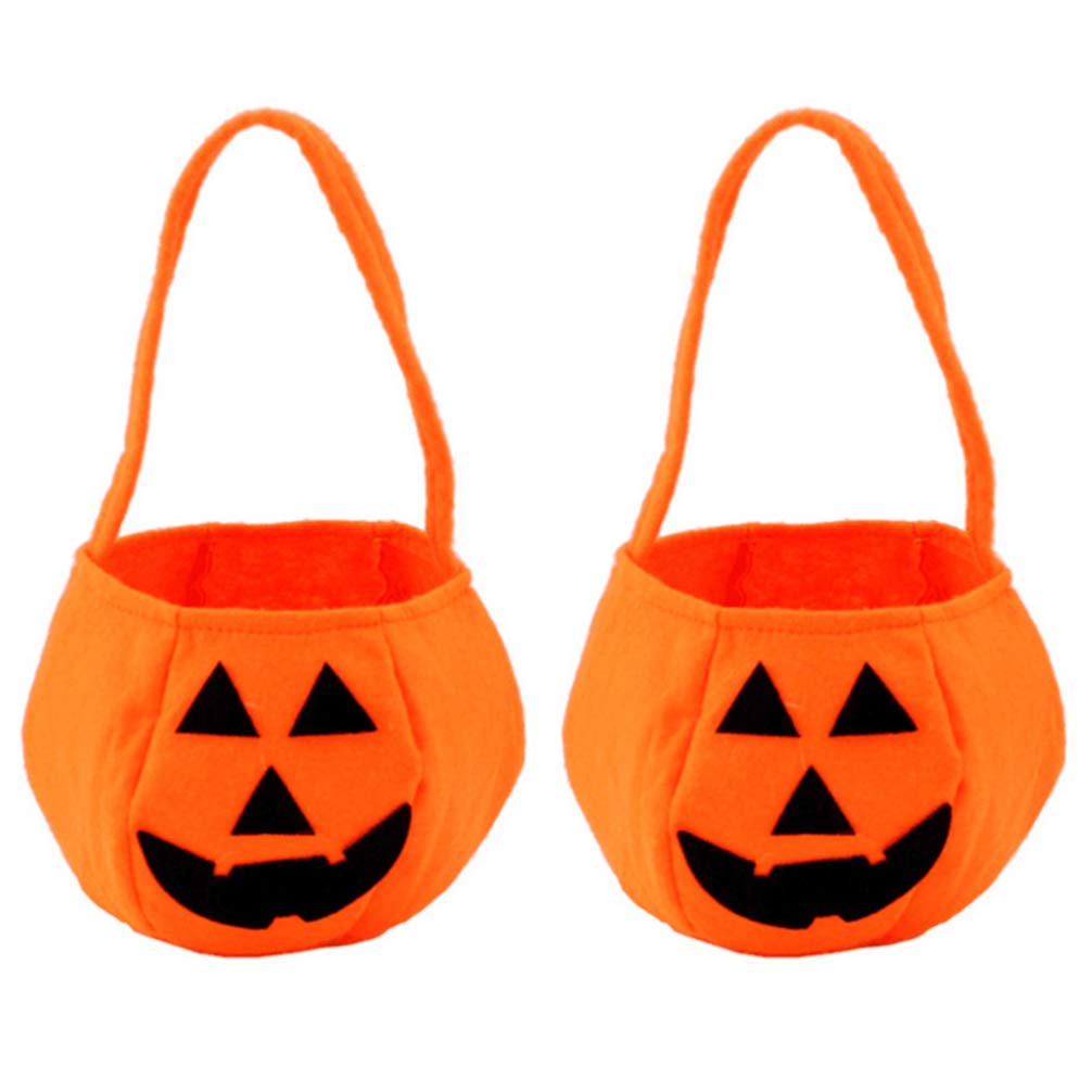 2 Pack Halloween Pumpkin Candy Bags - Non-Woven Reusable Trick or Treat Tote Bags with Cute Cartoon Design for Kids Halloween Party Favors, School Events & Neighborhood Trick-or-Treating