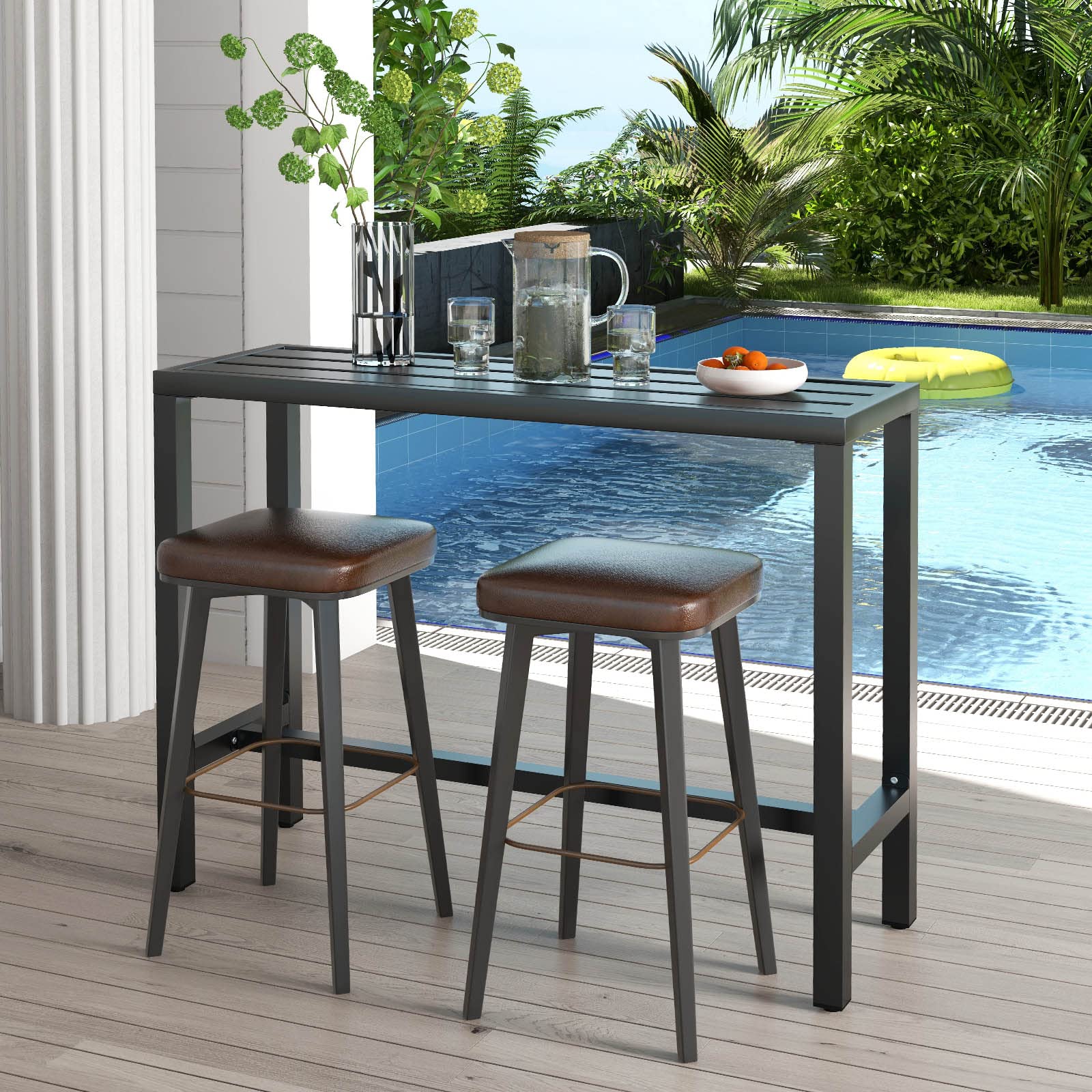 COSTWAY 48-inch Outdoor Bar Table - Narrow Counter Height Dining Table with Waterproof Top & Heavy-Duty Metal Frame - Black Rectangular Pub Table for Hot Tub, Garden, Patio, Backyard & Poolside - Perfect for Outdoor Entertaining & Relaxation