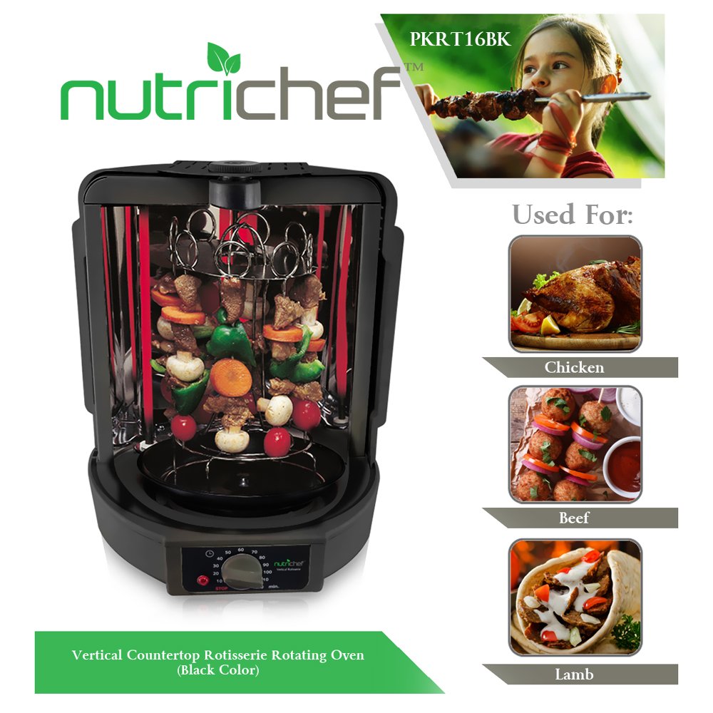 NutriChef Vertical Countertop Rotisserie Oven Roaster - Electric Shawarma & Kebab Grill Machine with Skewers, Rotisserie Rack, Basket Tower & Drip Tray - Perfect for Chicken, Turkey, Lamb - Ideal for Home Cooking, Parties & Outdoor BBQs