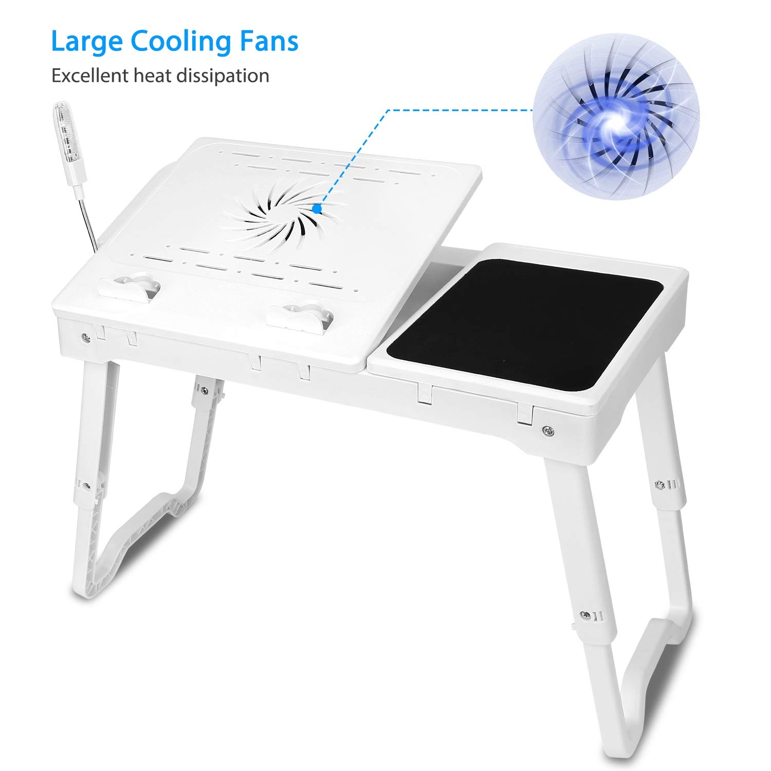 Adjustable Laptop Table for Bed with Cooling Fan - Portable Lap Desk with 4 USB Ports, Foldable Legs, LED Light & Mouse Pad - White - Perfect for Working, Studying or Watching Movies in Bed, Sofa or Couch