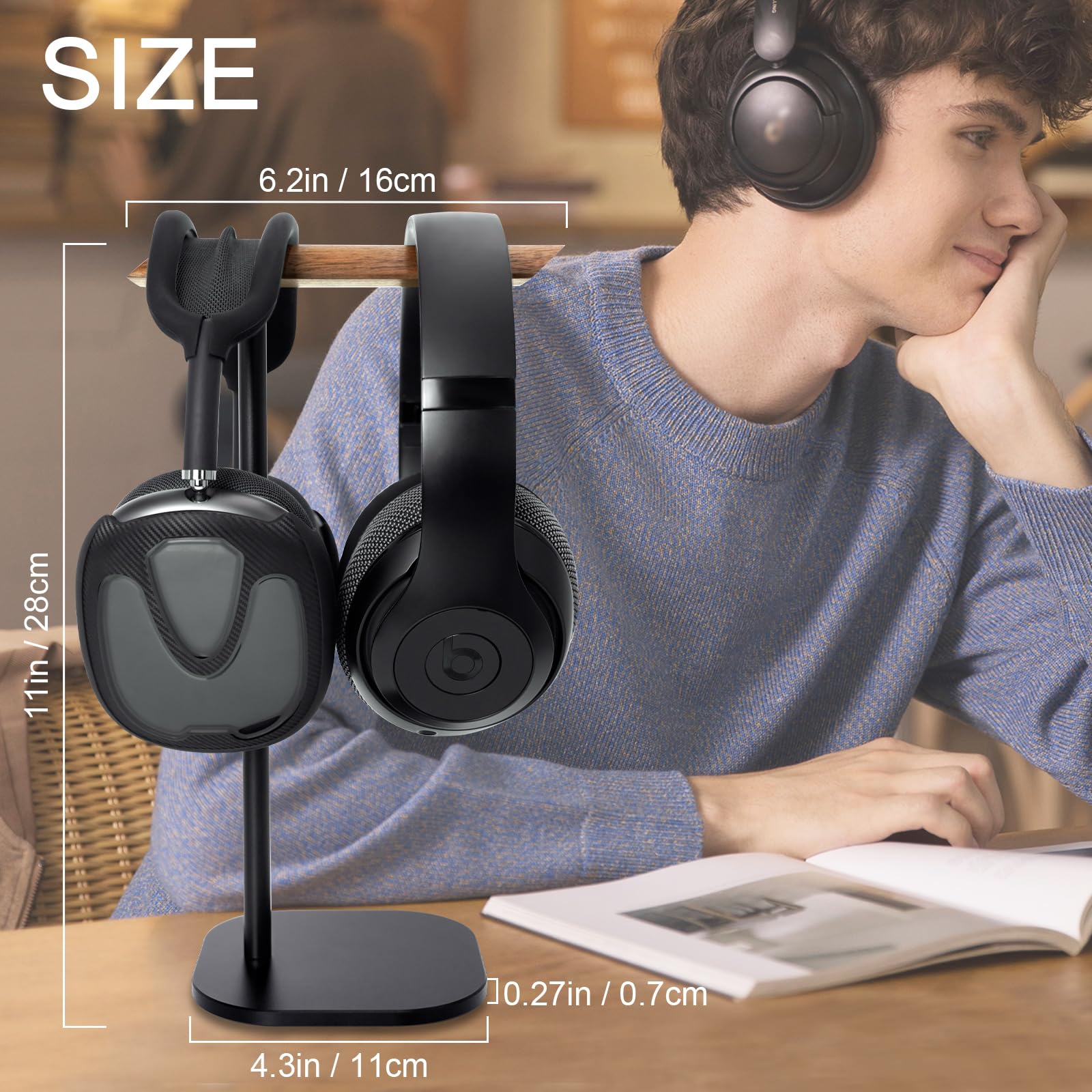 Premium Walnut Wood Headphone Stand with Aluminum Alloy Rod - Dual Headset Holder for Desk, Supports Suspension Hanging - Perfect for Gaming, Office & Home Studio Setup