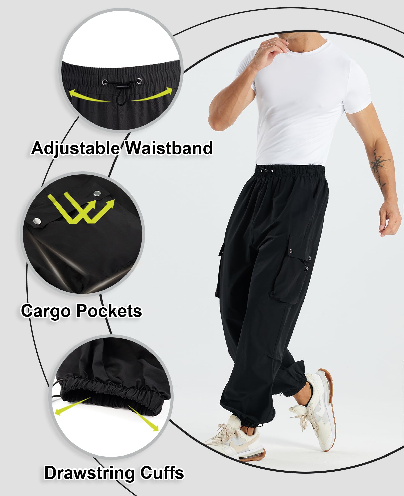 **Susclude Men's Parachute Cargo Pants - Loose Fit Baggy Sweatpants with Pockets, Drawstring Waist for Casual & Outdoor Wear | Perfect for Streetwear, Hiking, and Travel**